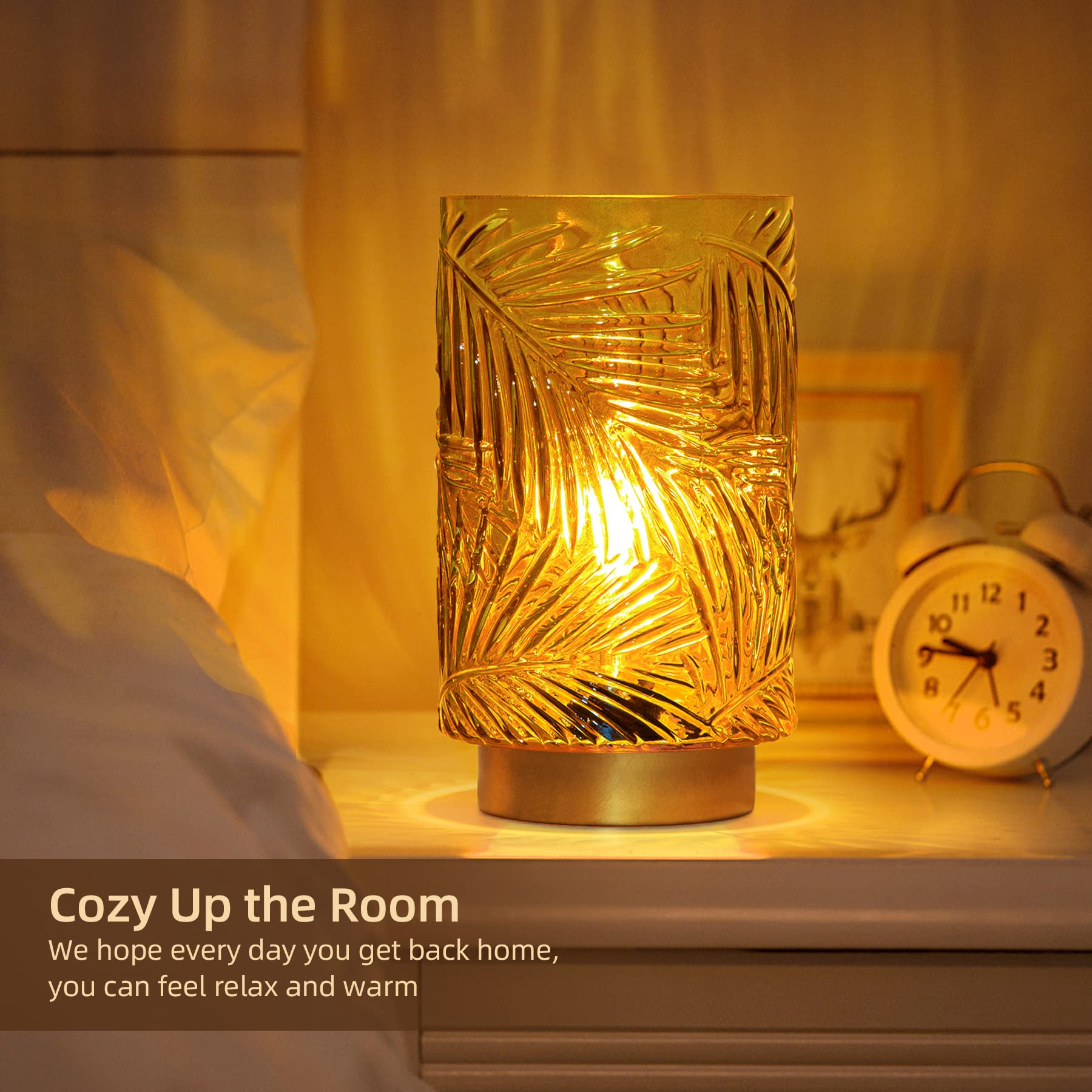 MJ PREMIER Battery Operated Table Lamp with Timer, Big Glass Nightlight, Yellow, Model 1520, Decorative for Living Room and Bedroom