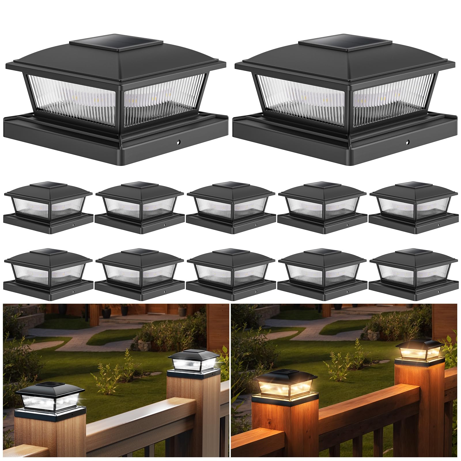 APONUO Solar Post Cap Lights, 2 Lighting Modes 16 LEDs Fence Post Solar Lights for 4x4 5x5 6x6 Wooden/Vinyl Posts, Outdoor Water
