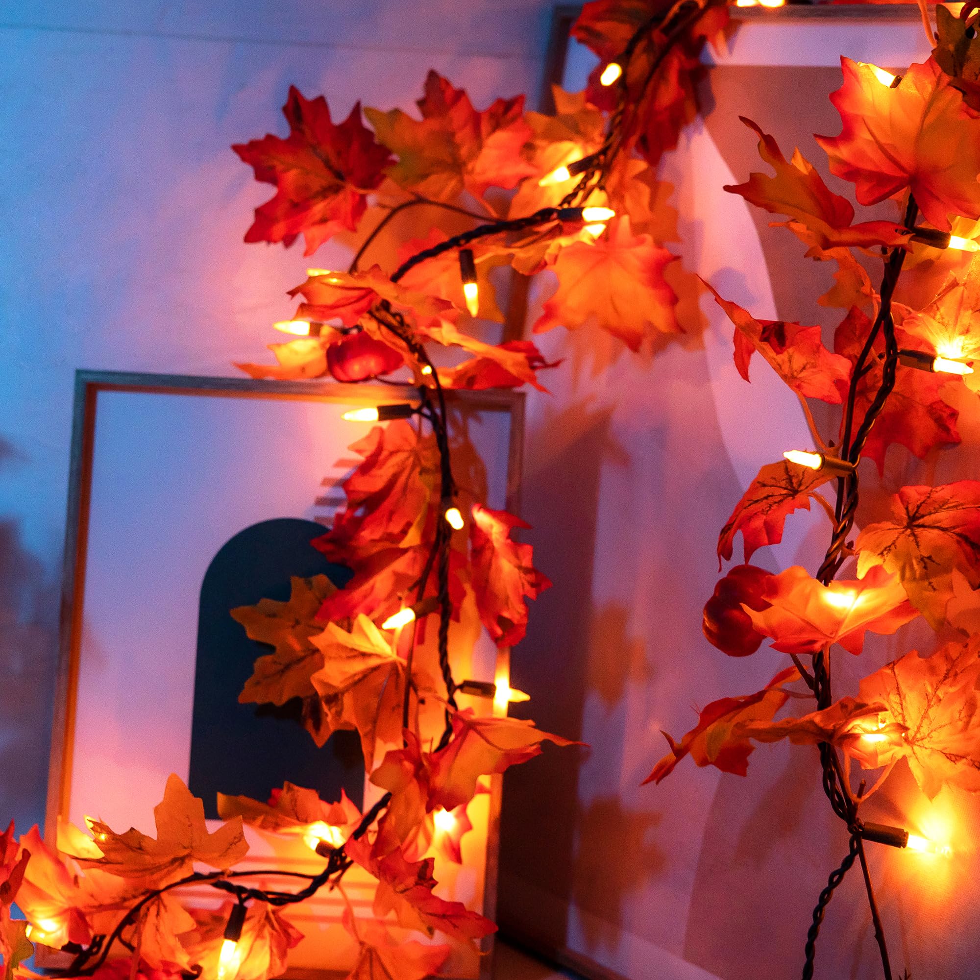 Fall Decor 11Ft Fall Garland with Lights - 50 Bulbs Plug in Fall lights, Thanksgiving Decorations Indoor Outdoor Connectable Fall String Lights Leaves with Pumpkin, Thanksgiving Halloween Decorations