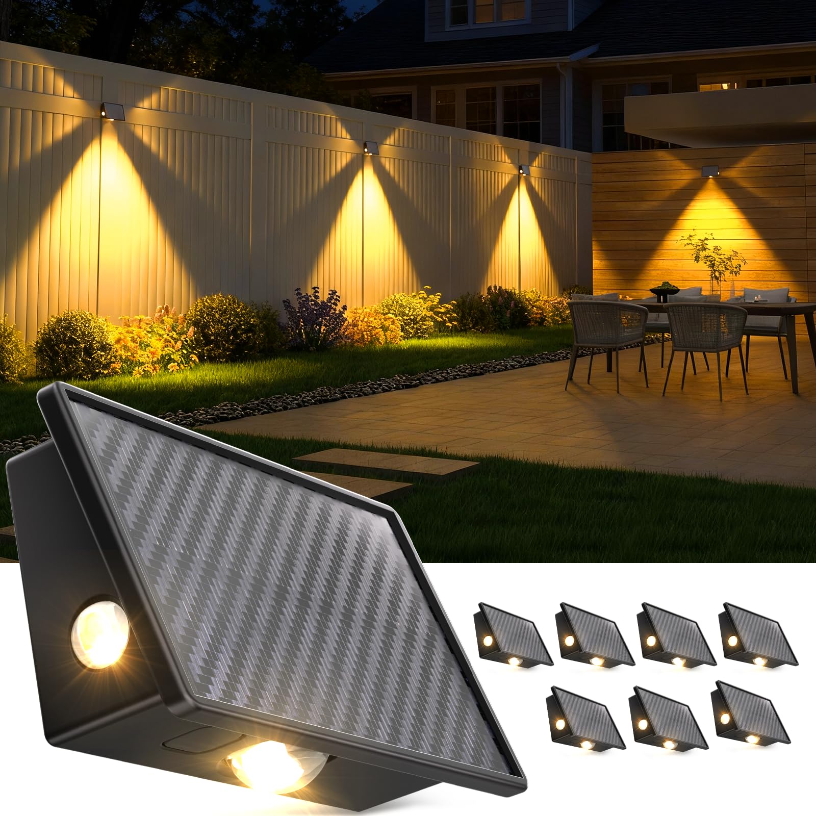 JSOT Solar Fence Lights Outdoor - 8 Pack Solar Lights Outdoor Waterproof Ideal for Deck Rail Stair Step Decoration 3 Large LEDs 