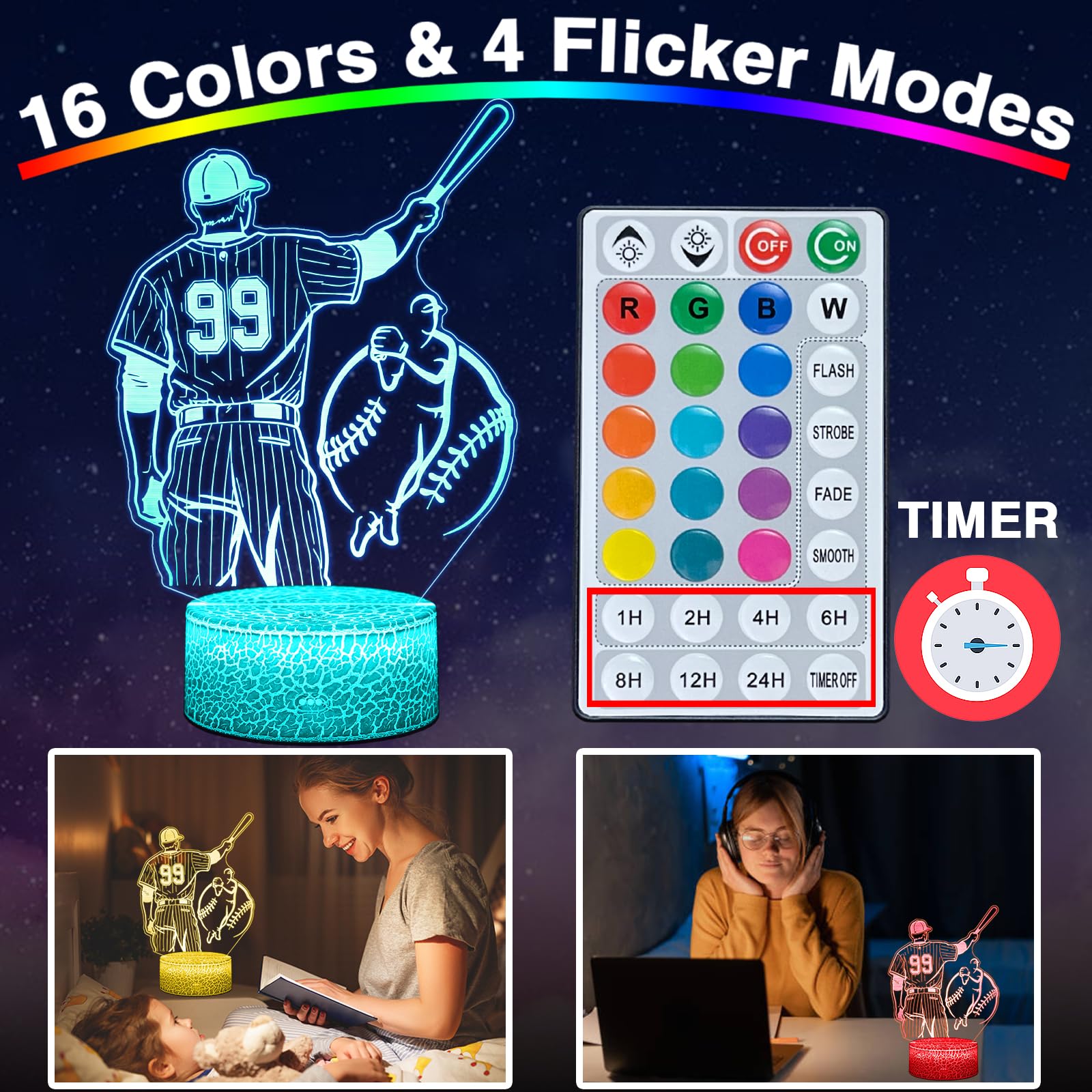 DAHEYMA Baseball Gifts for Boys, 16 Colors Baseball Night Light - Remote Control, Timer Tpye-C Dimmable Lamp, LED 3D Light Illus