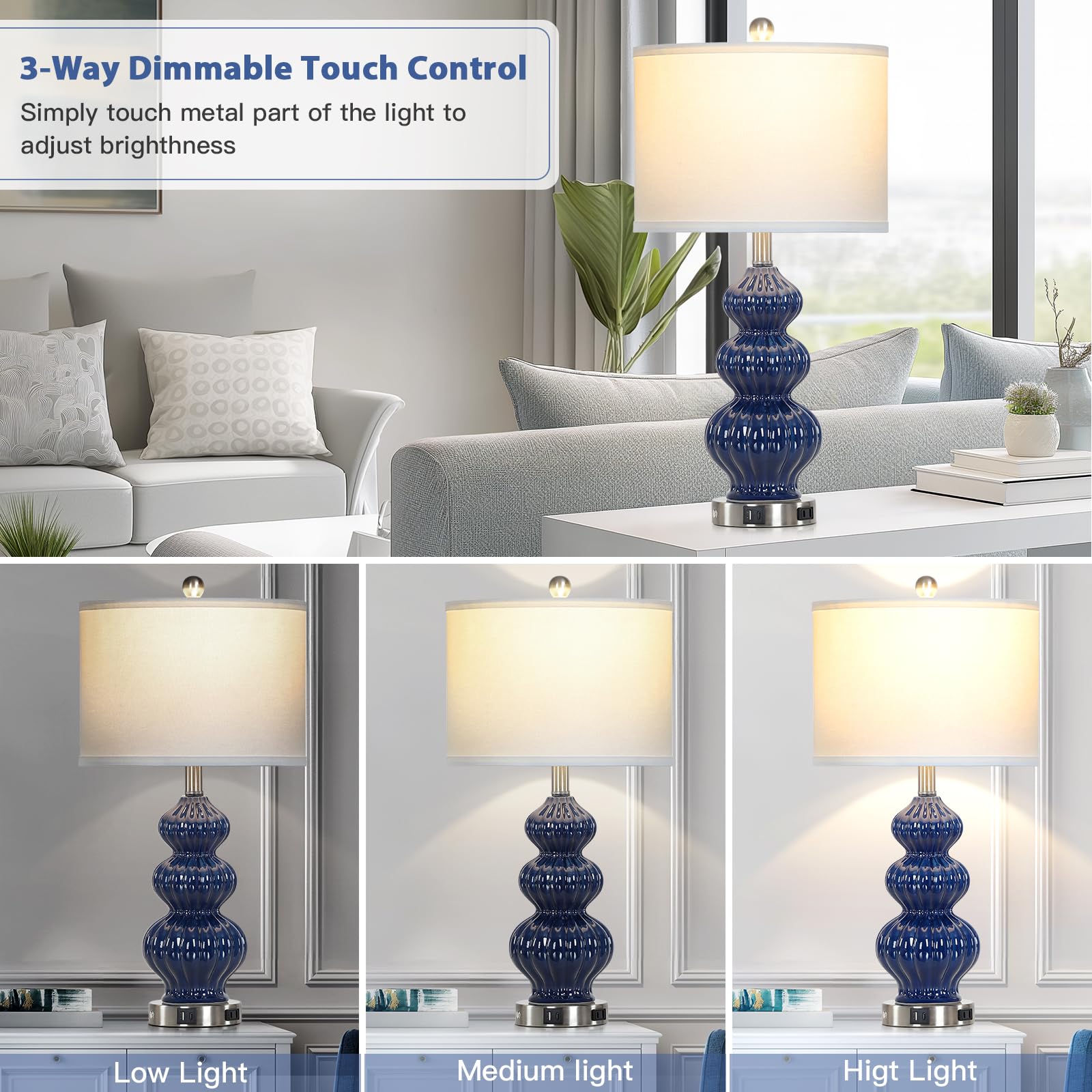Rinweey Triple Gourd Ceramic Table Lamps Set Of 2, Modern Blue Bedside Lamps With Usb A+C Ports & Ac Outlet, 3 Way Touch Control Contemporary Nightstand Lamps For Bedroom Living Room