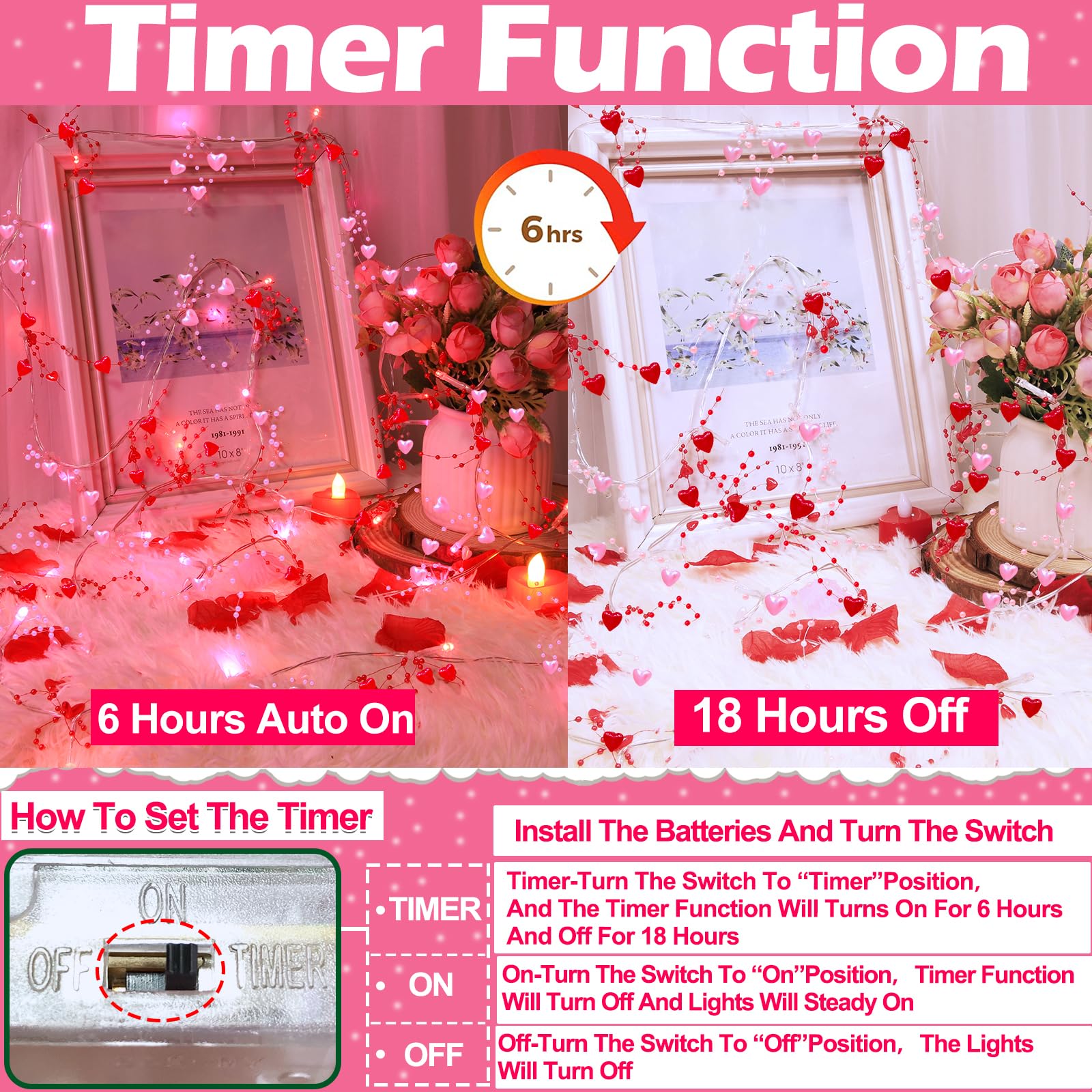 [Timer] 2 Pack Valentines Day Decorations Pink&Red Hearts Lights, Valentines Day Garland with Lights Total 13Ft 40LED Beads Hear