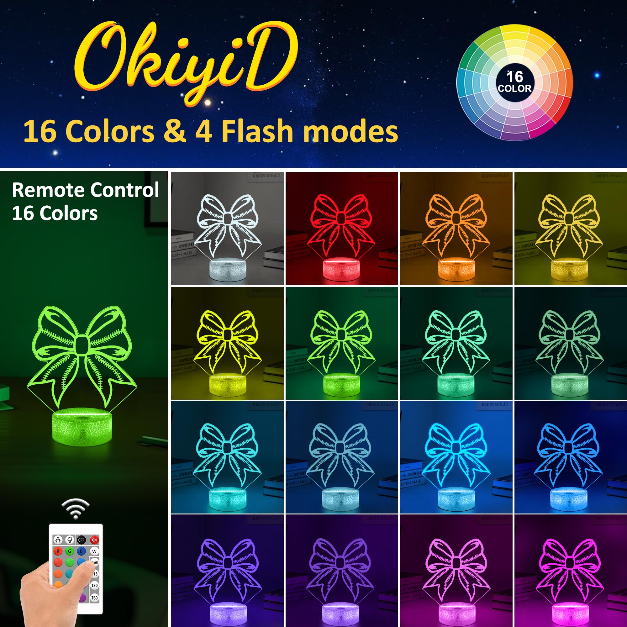 OkiyiD Softball Bows Night Light 3D Illusion Lamp, 16 Colors, Remote Control, Acrylic, Pink, Model OKD-2810-9999