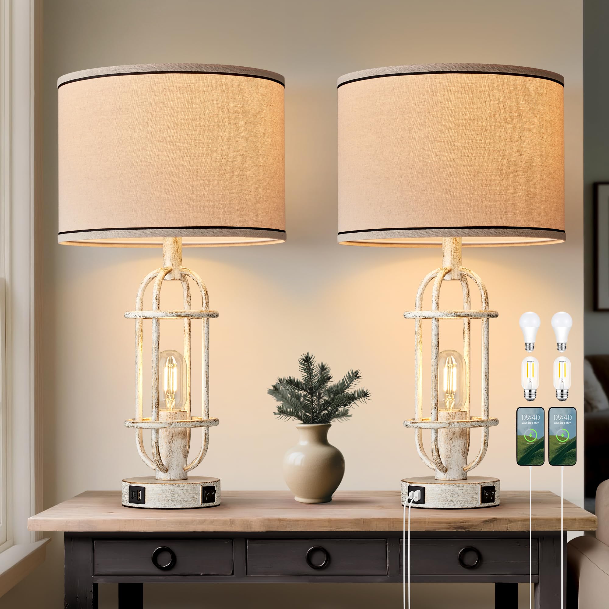 Reaketon 22.3 Farmhouse Table Lamps Set of 2, Vintage Lamps for Living Room End Tables, Bedroom Lamp for NightStand with USB C+A