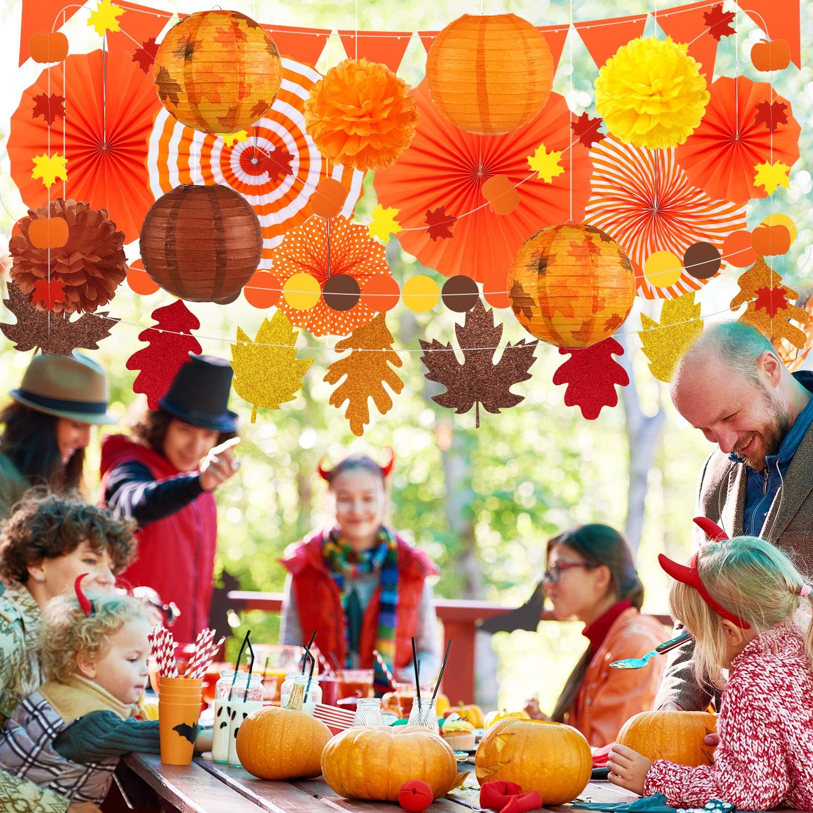 Yexiya 18 Pcs Thanksgiving Fall Party Decoration Includes Fall Paper Lanterns Autumn Paper Fans Pompoms Maple Leaf Garlands Flower Balls Hanging Ceiling Decorations For Thanksgiving Harvest Wedding