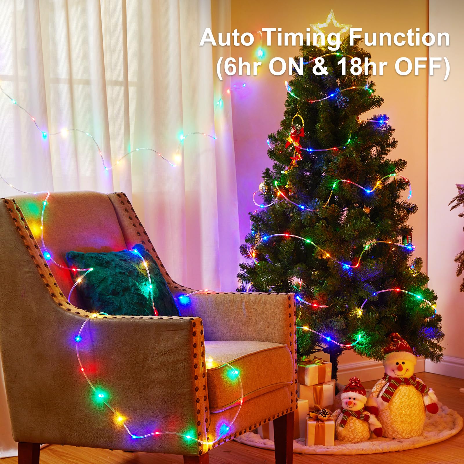 Minetom String Lights Battery Operated, 33Ft 100 Led Outdoor Rope Lights Battery Operated, Christmas String Lights With Timer, 8 Mode, Christmas Rope Lights For Outside Bedroom Indoor, Multicolor