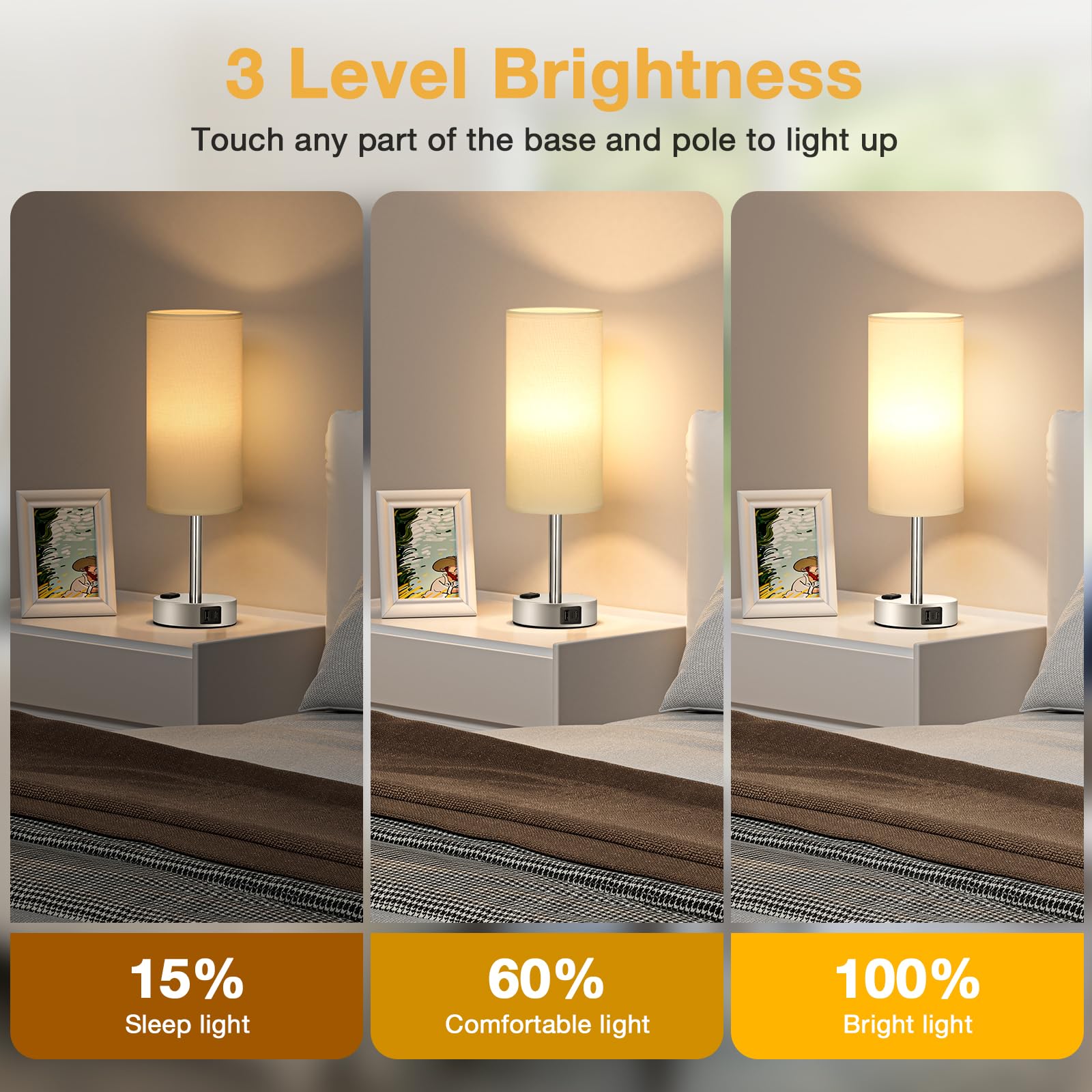 White Touch Nightstand Lamps Set - 3 Way Dimmable Bedside Table Lamps For Bedroom With Usb C And A Ports, Small Lamps With Ac Ou