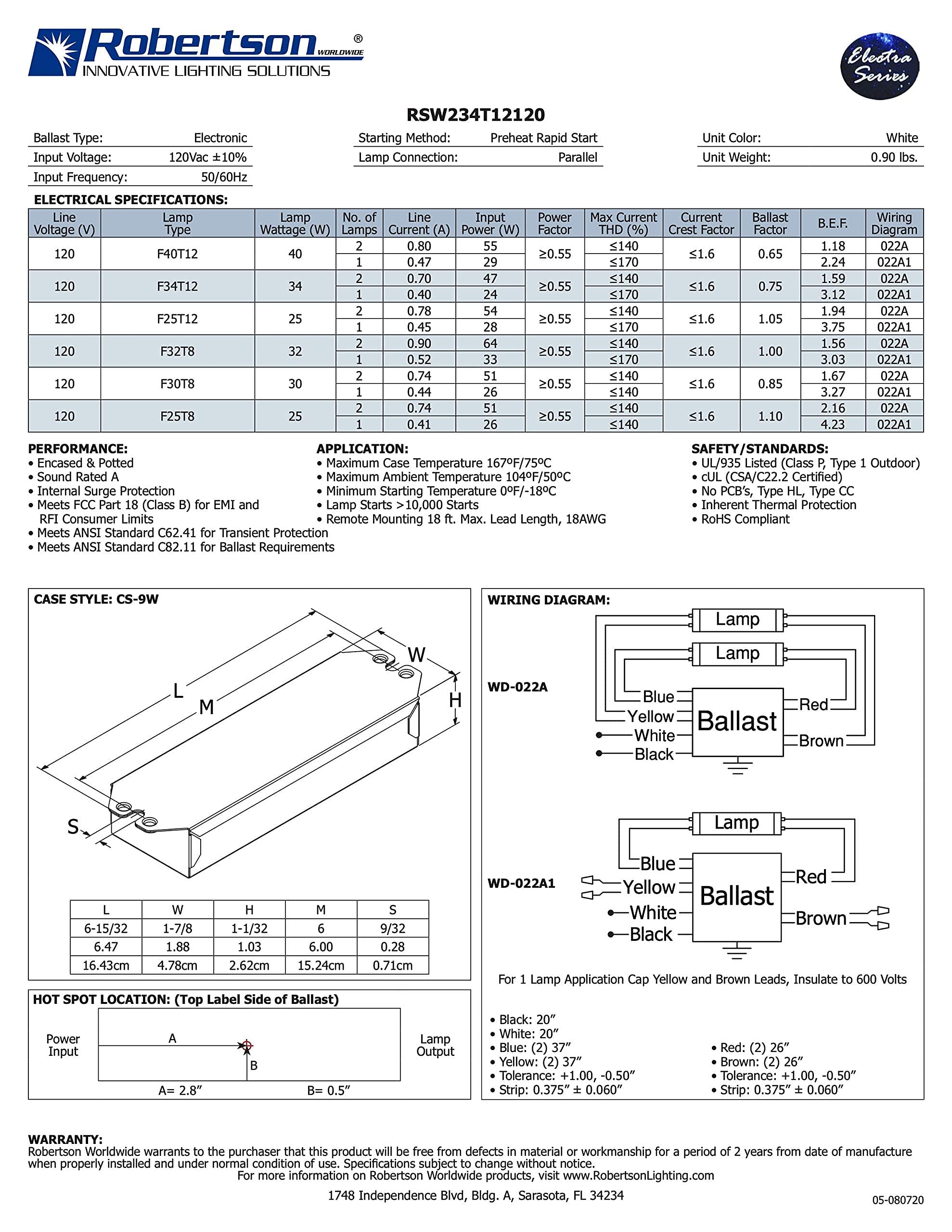 Robertson 3P20132 Fluorescent Eballast For 2 F40T12 Linear Lamps, Preheat- Rapid Start, 120Vac, 50-60Hz, Normal Ballast Factor, Npf, Model Rsw234T12120 /A