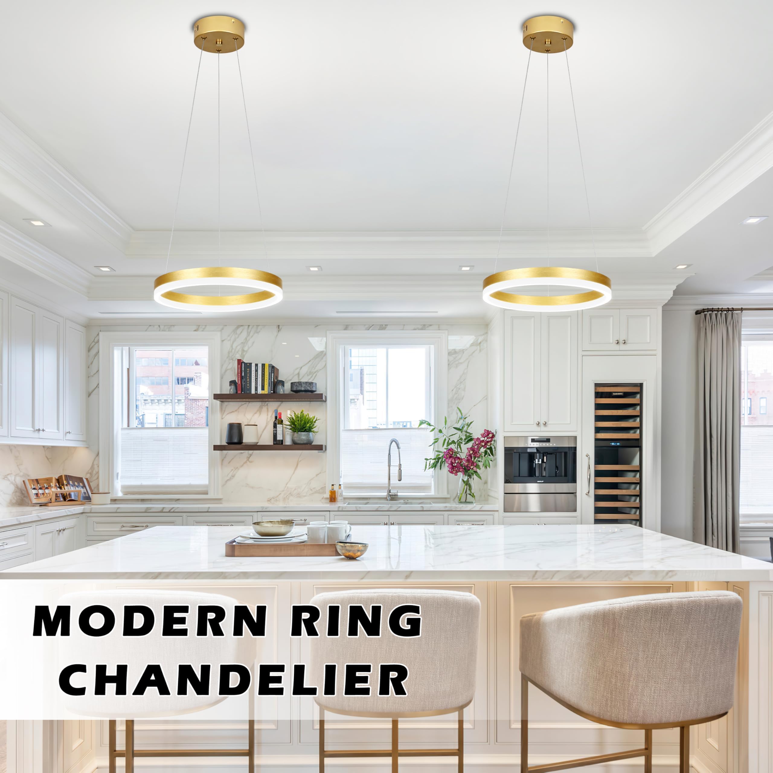 Mccokaige 12" Gold LED Ring Chandelier - Modern Metal Pendant Light for Kitchen Island, Bedroom, Dining Room, Model YK-3-J