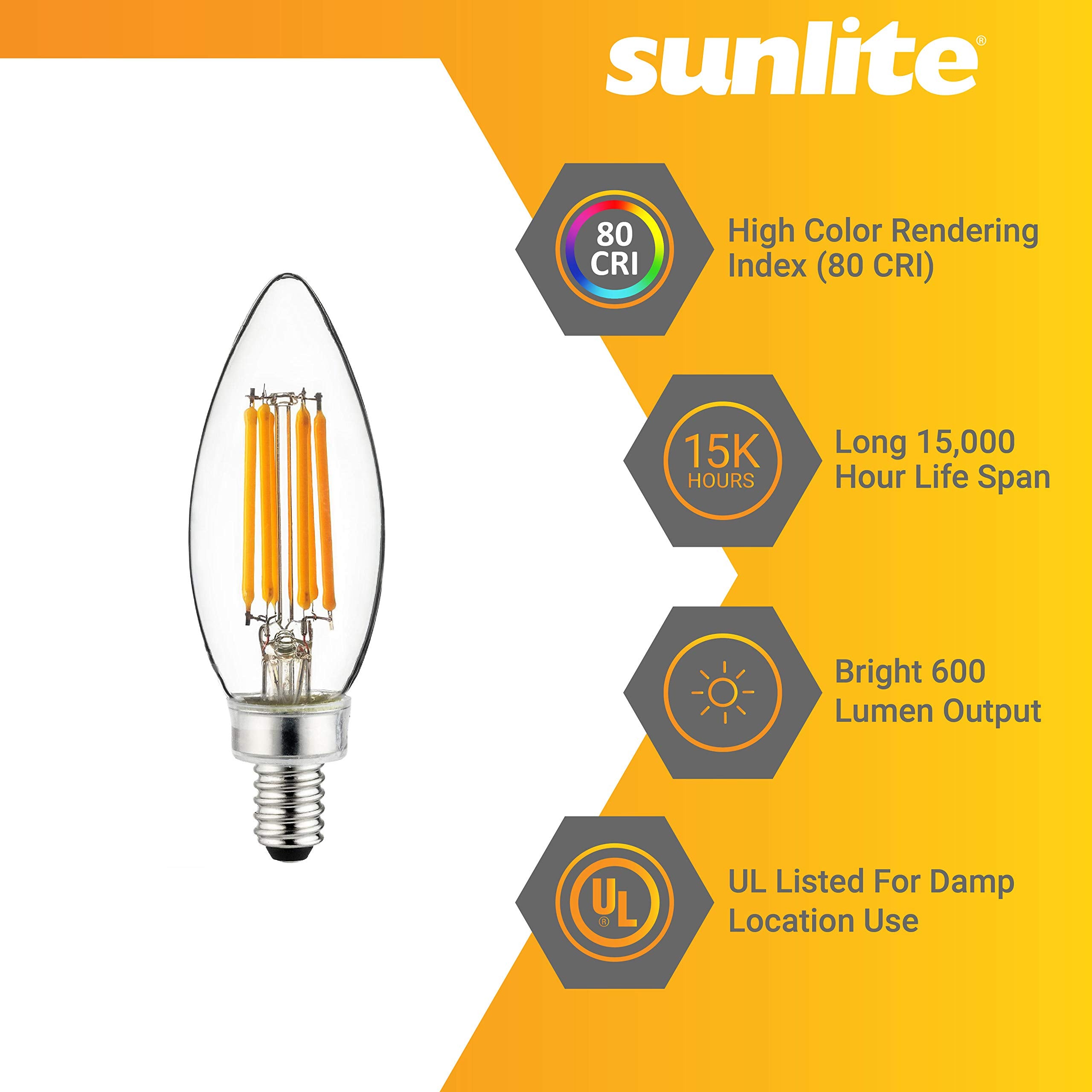Sunlite 40956 Led B11 Filament Style Chandelier Light Bulb Torpedo Tip 5 Watts (60 W Equivalent) Dimmable, 600 Lumens, Candelabr