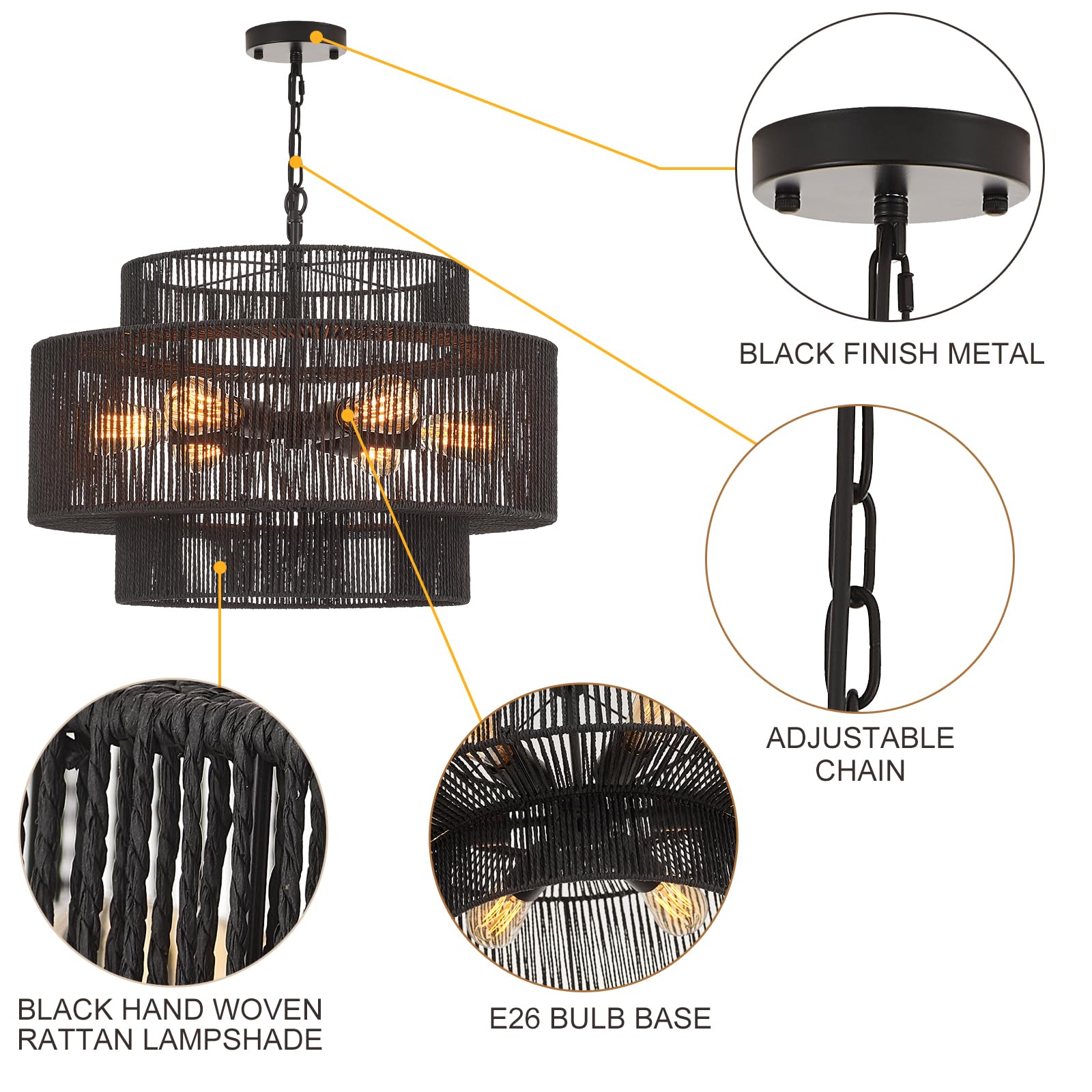Widluth Hand-Woven Rattan Chandelier Vintage 6-Light Farmhouse Boho Bamboo Chandelier Light Fixture 23.6" Retro 3-Tier Drum Wicker Rattan Black Chandelier For Dining Room, Kitchen Island, Bedroom
