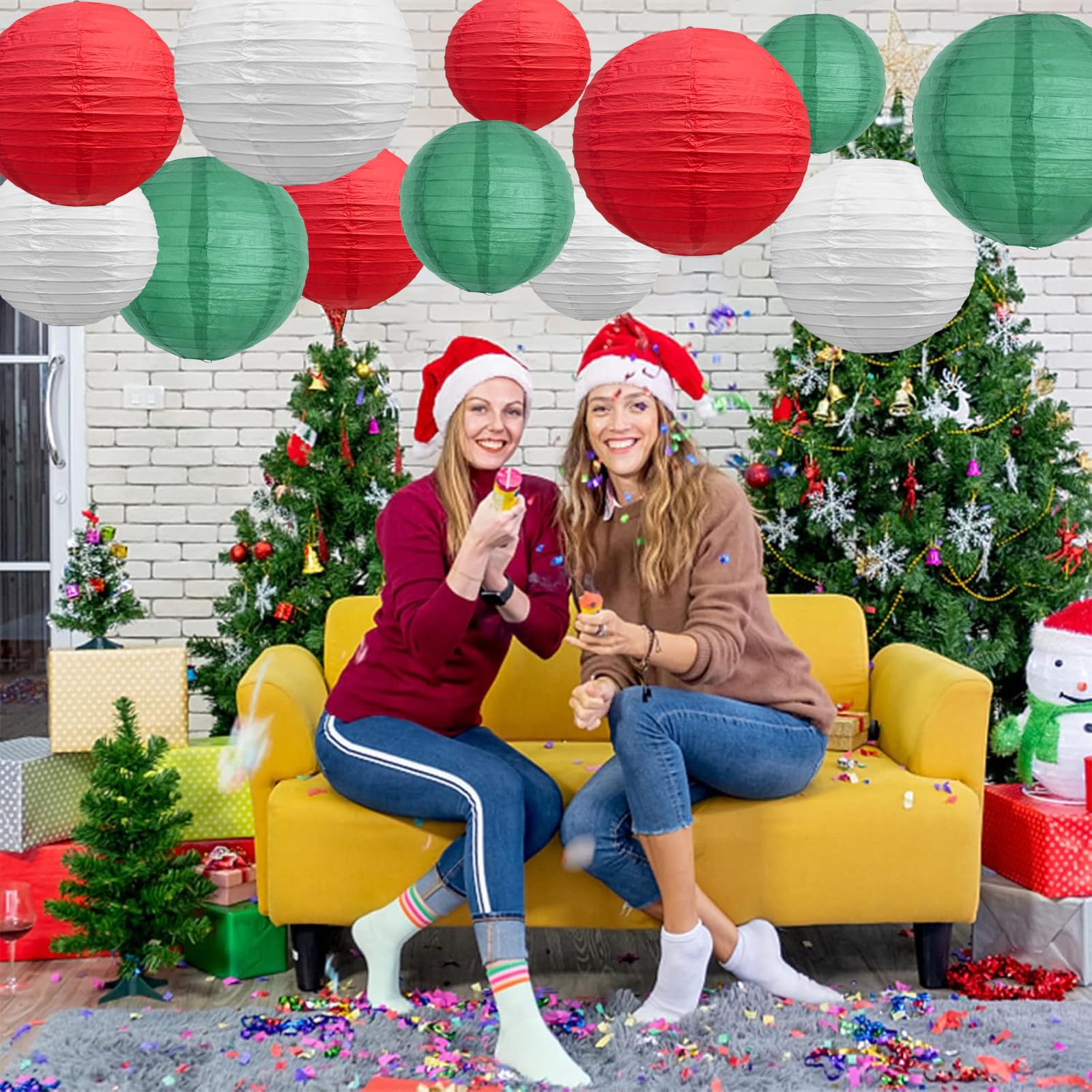 Beishida 12Pcs Red Green White Paper Lanterns Decorative Hanging Round Paper Lanterns Lamp For Christmas Birthday  Wedding Bridal Home Decor Outdoor Decoration Party Decoration