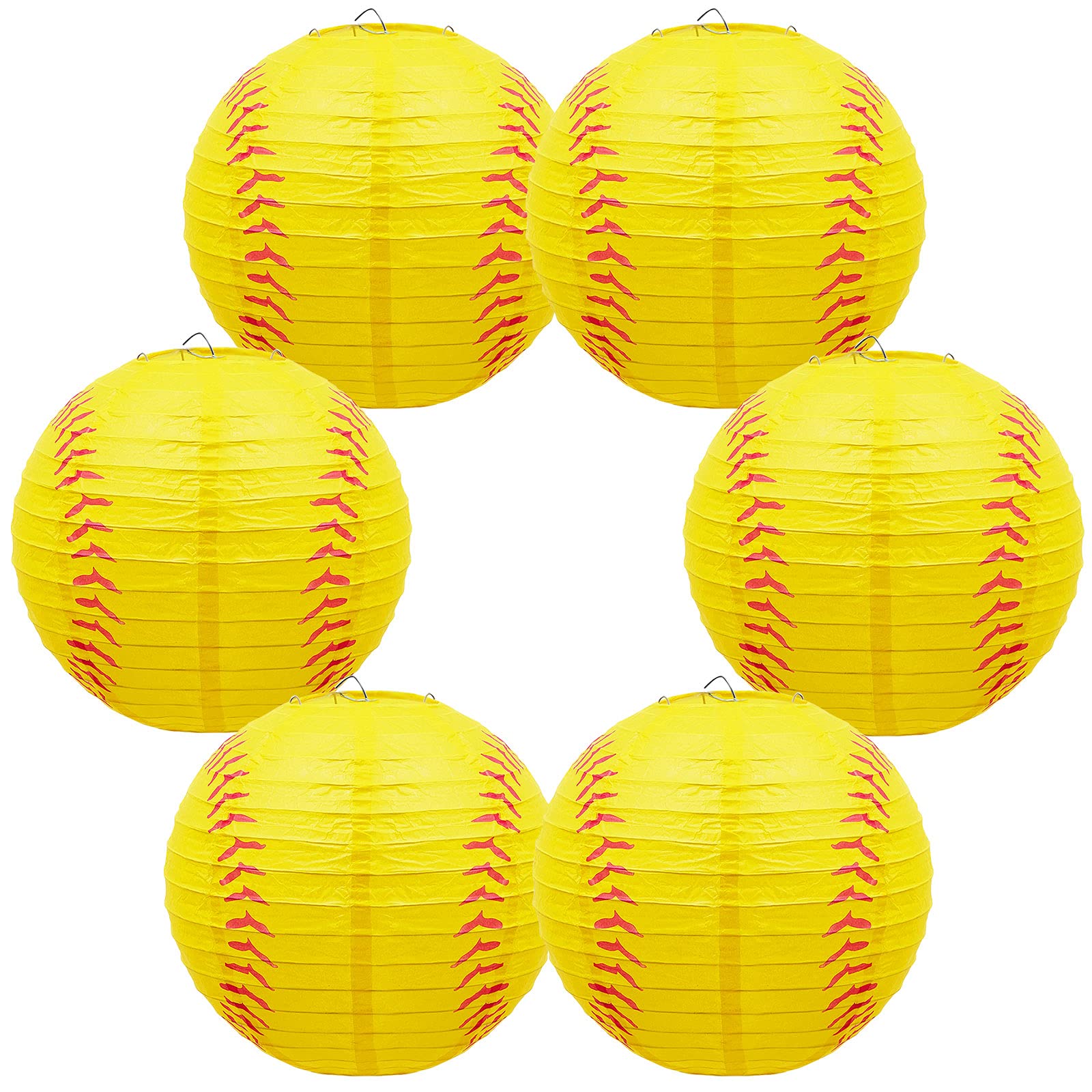 Riakrum Softball Lantern Decoration - 8 Inch Metal Hanging Lantern, Yellow and Red, Perfect for Sports-themed Parties and Celebrations