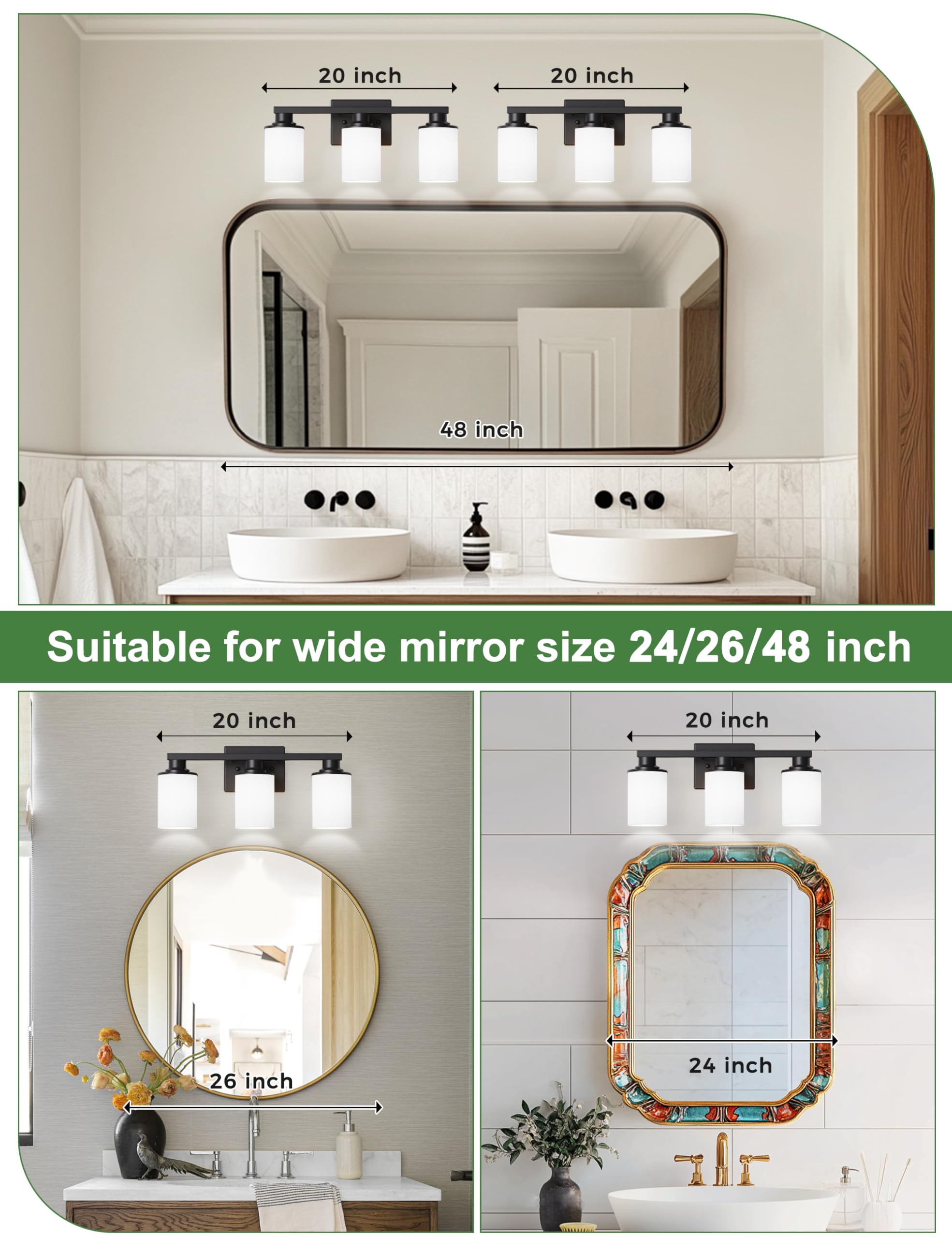 Doresshop 20 Inch Bathroom Light Fixtures, 3-Light Black Bathroom Lighting Fixtures Over Mirror With Milk Glass Shade,Modern Van