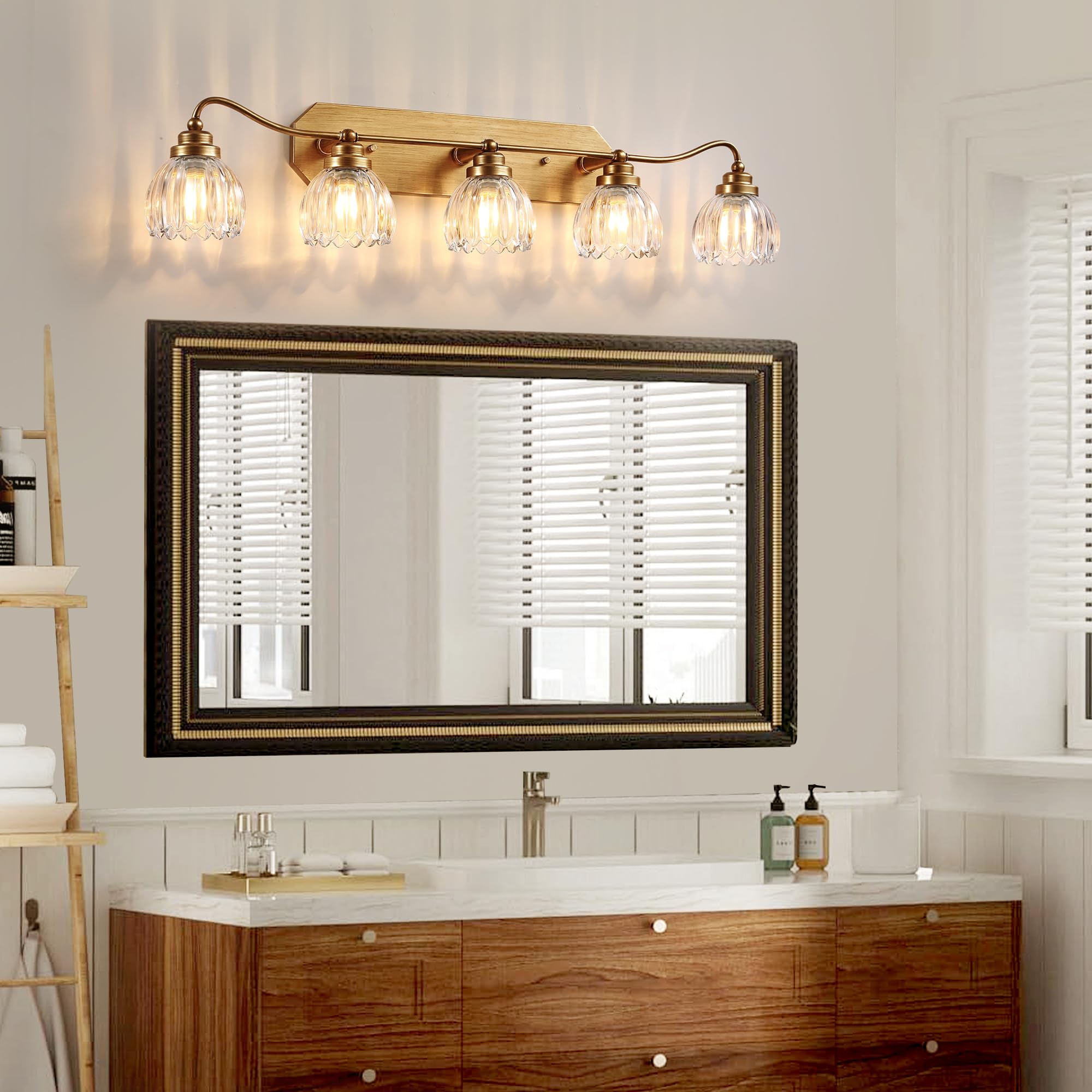 CmnVmn Vintage Bathroom Light Fixtures, 5-Light Gold Vanity Light with Crystal Glass Shade, Matte Antique Brass Finish, Model C5016