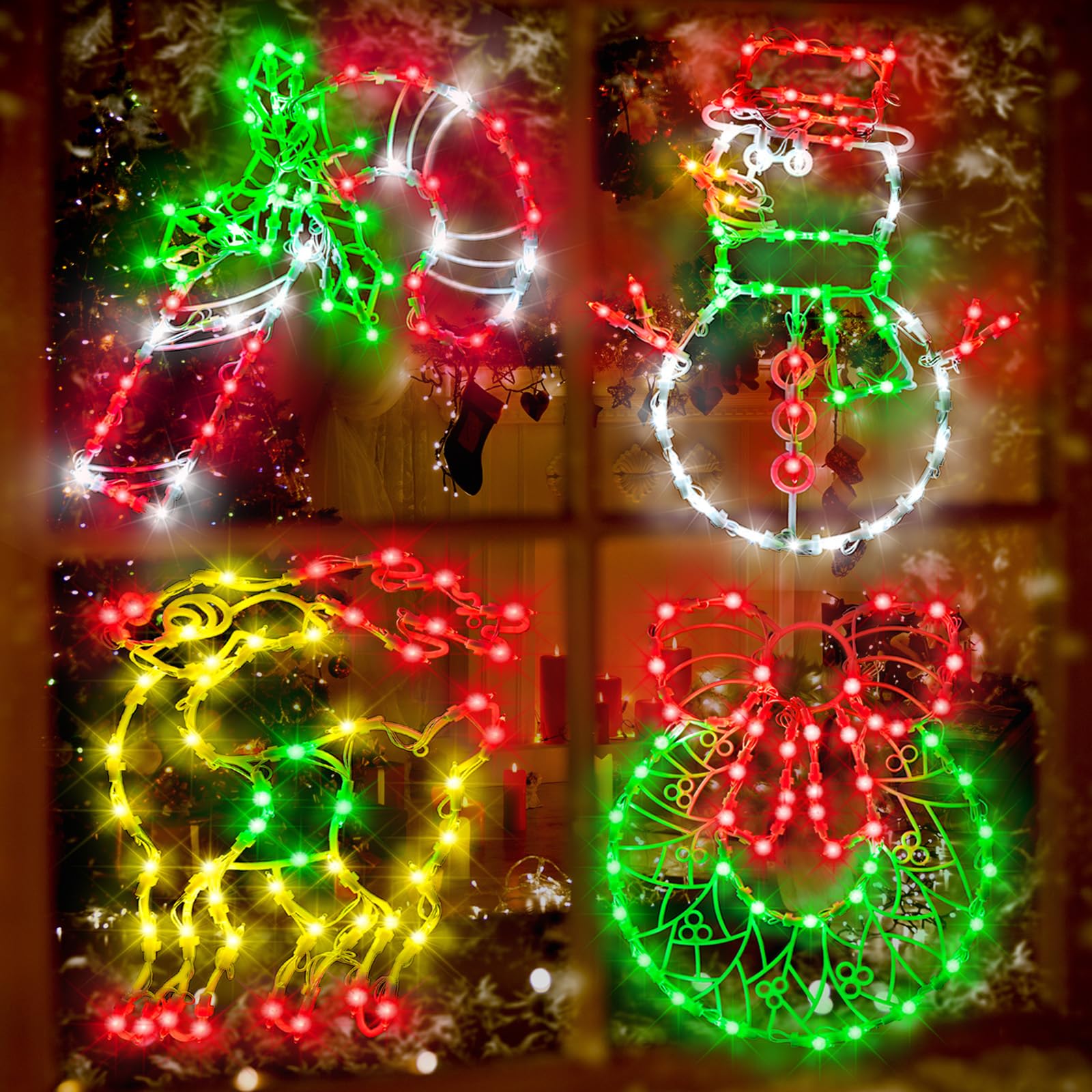 LOCYFENS Christmas Window Lights - 16.5in LED Decorations, 4 Pack (Reindeer, Snowman, Wreath, Candy Cane), Multicolor, Model JYD-GLHX