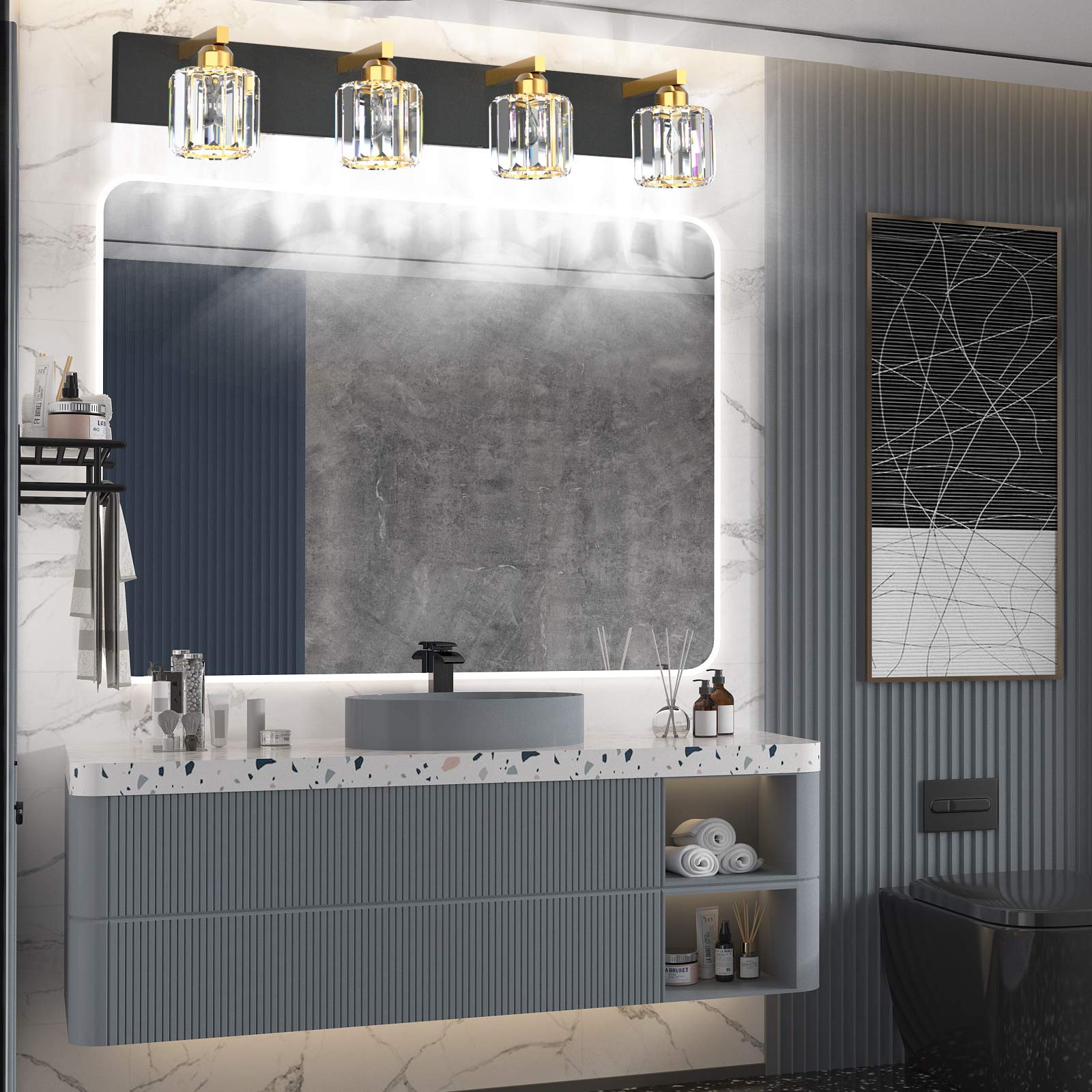 Aipsun Modern Bathroom Vanity Light Fixtures, 4 Lights, 32 inch, Black Gold, Aluminum, Model 8460