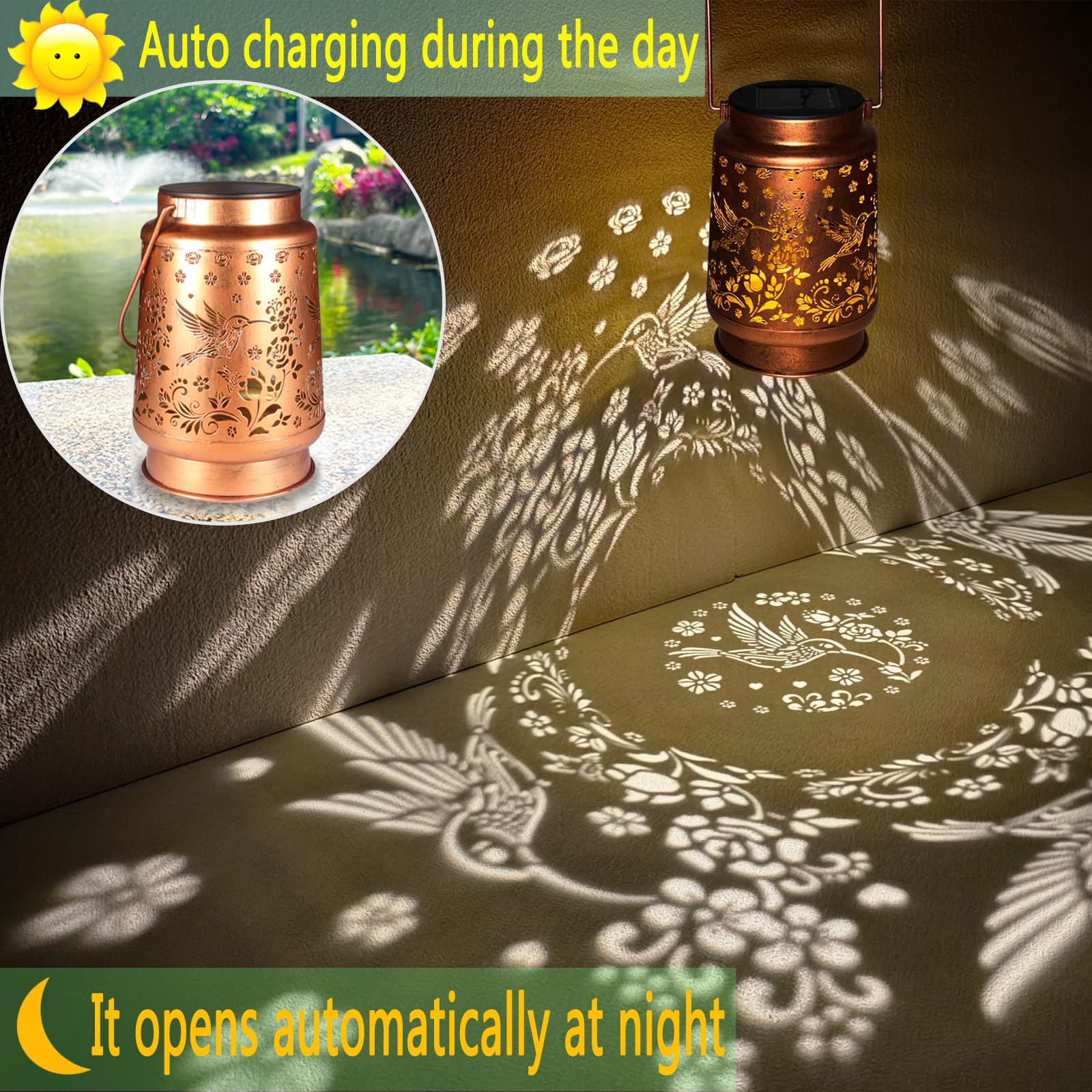 Kaakuuki Hummingbird Solar Lantern - Metal LED Garden Decor, Waterproof, Bronze Color, Model DL-01
