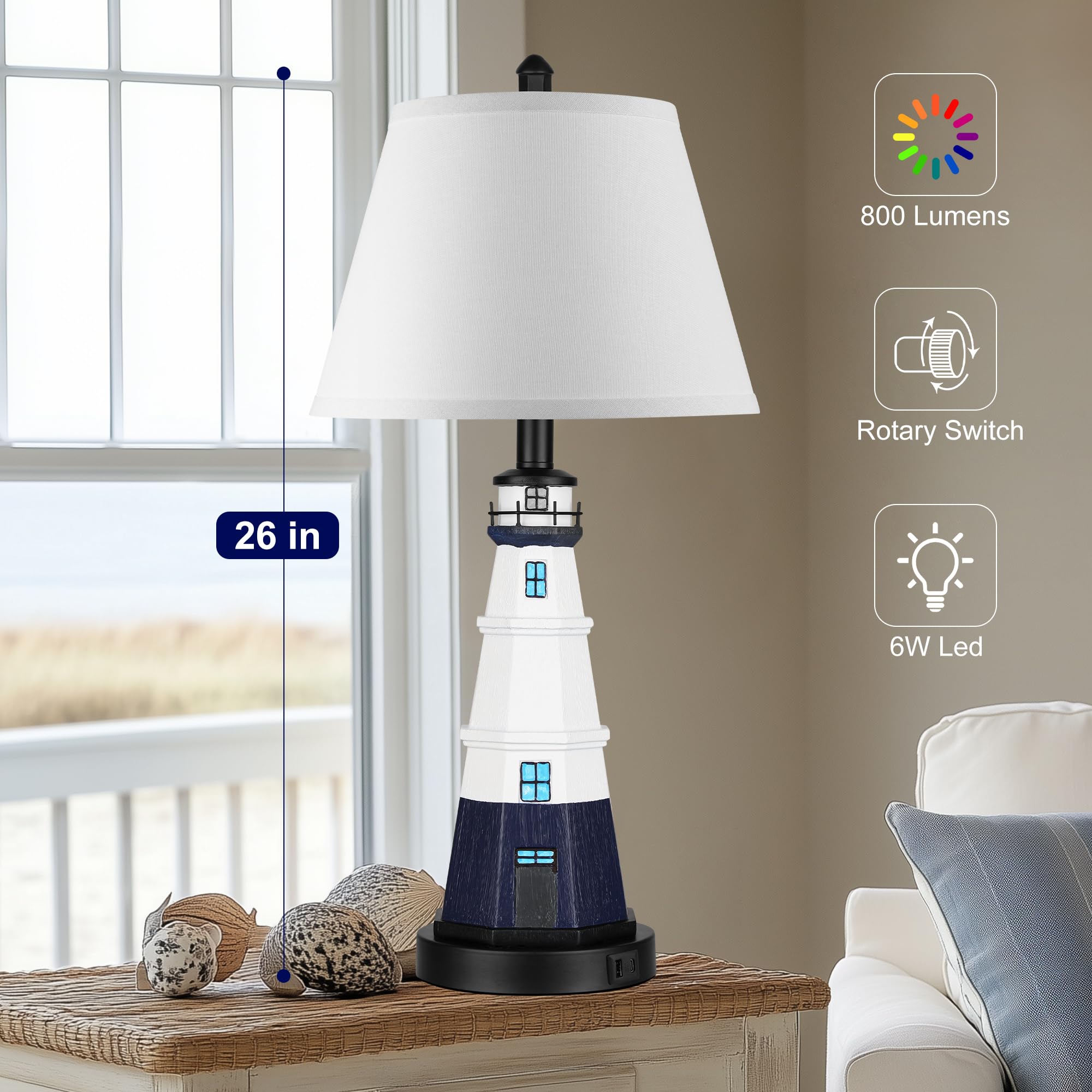 WIHTU Table Lamps Set of 2, Nautical Resin Nightstand Lamps, Modern Navy Blue Lighthouse, Bulbs Included, HD-LWTTD-Navy