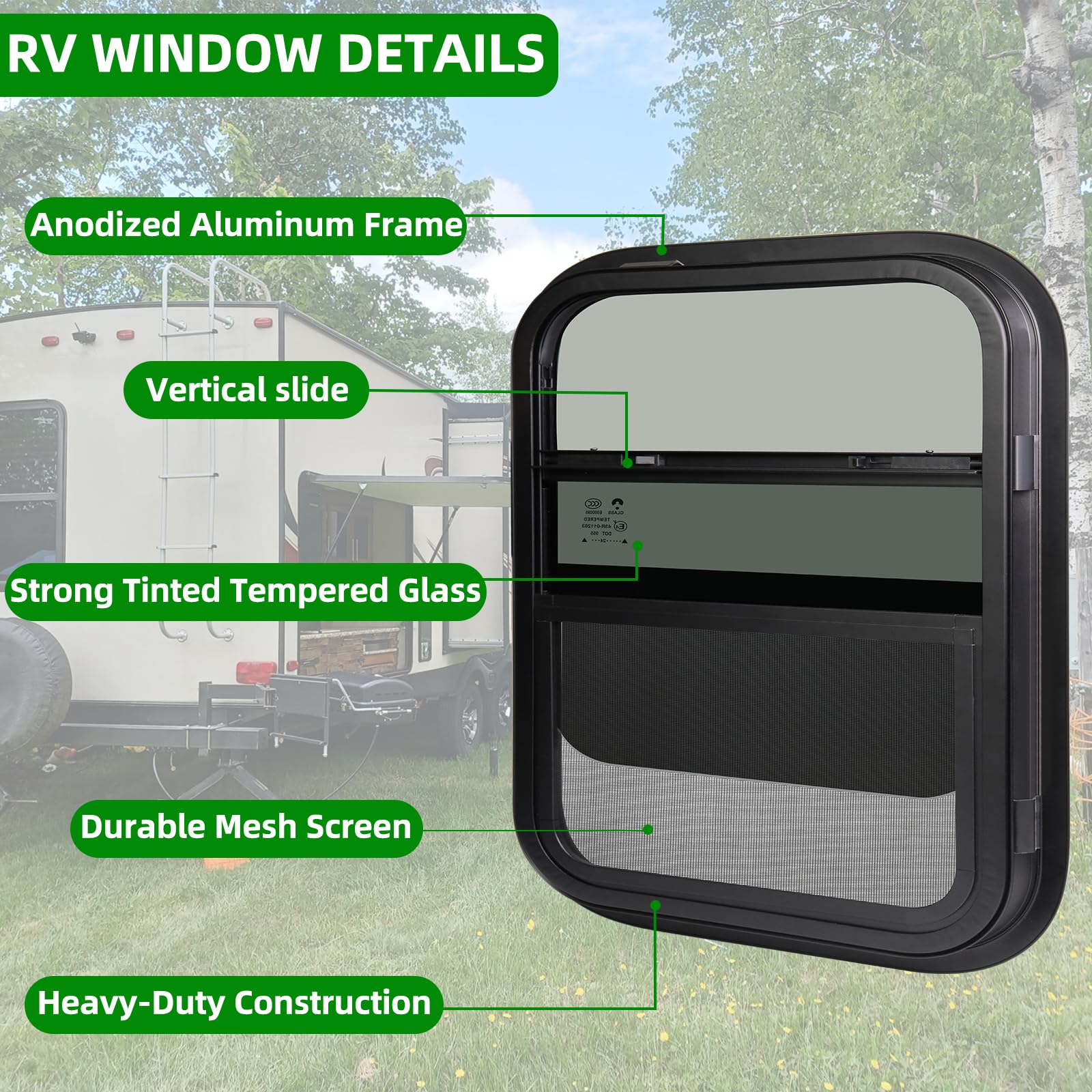 NOVINO RV Window – Vertical Sliding Replacement for Trailers, 14inW x 16inH, Black, Model NRW-001, Fits 15/16in or 1-3/8in