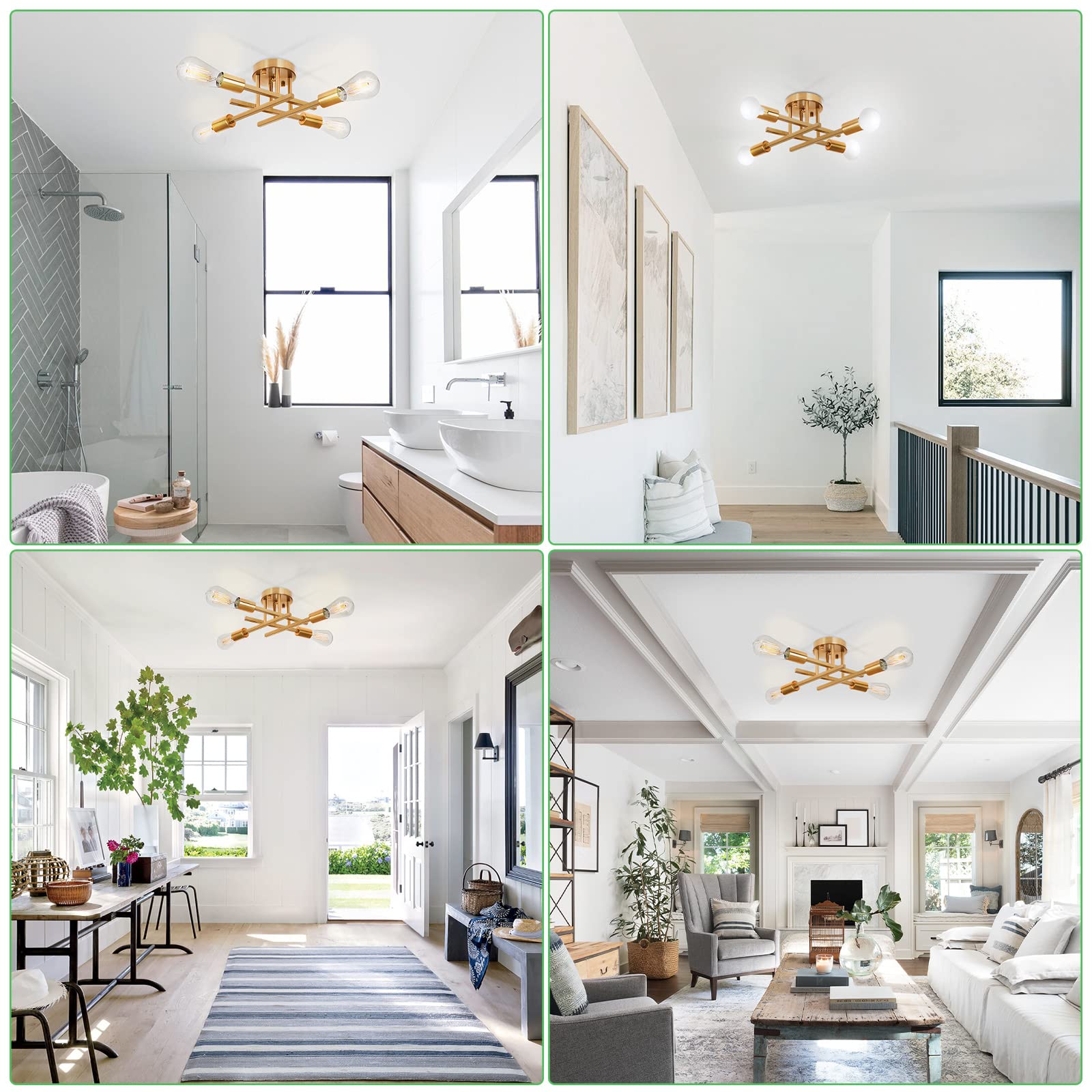 Sunrider 2-Pack Industrial 4-Light Semi Flush Mount Ceiling Light Fixture, Farmhouse Lighting Brushed Golden, Indoor Gold Retro