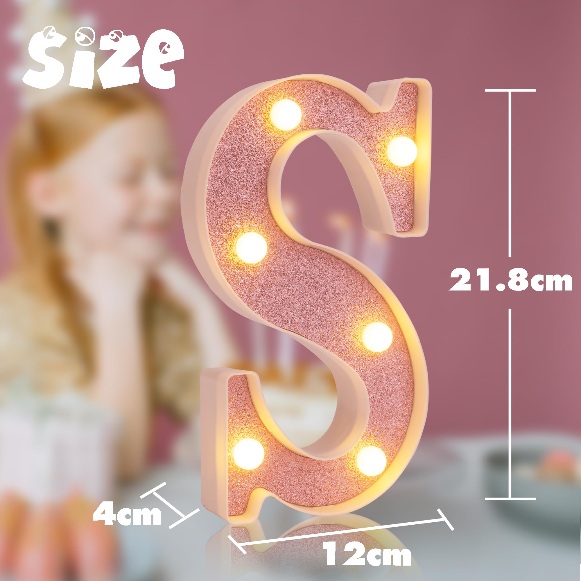 DyingSwan Small LED Marquee Letter S, 8.58 Inch Pink Glitter Light Up Sign, Battery Powered Plastic Decor for Table and Parties