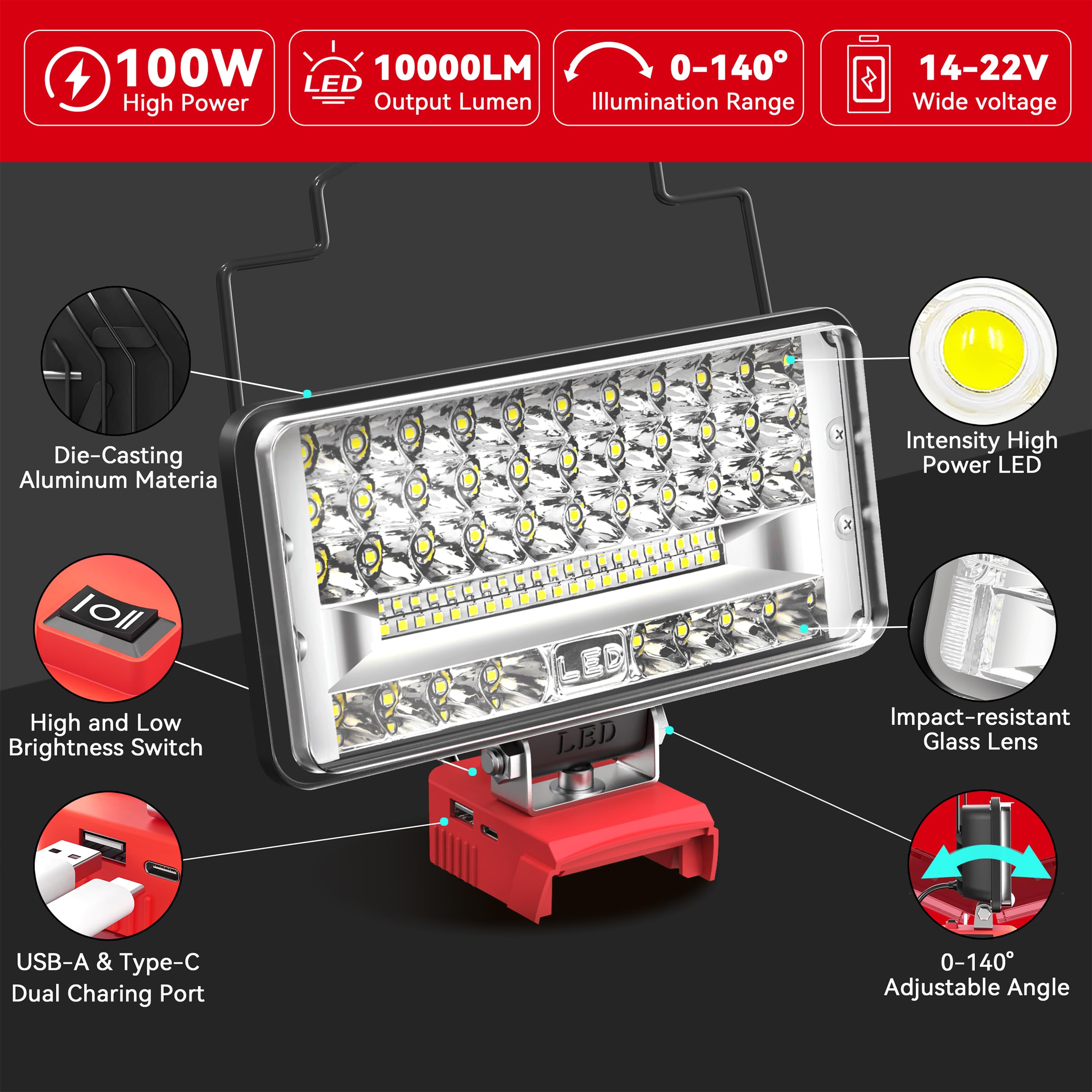 MtiolHig Cordless LED Work Light 145W - 14500 Lumen - Compatible with Milwaukee 18V Battery - Portable Flood Light for Work & Outdoor Use