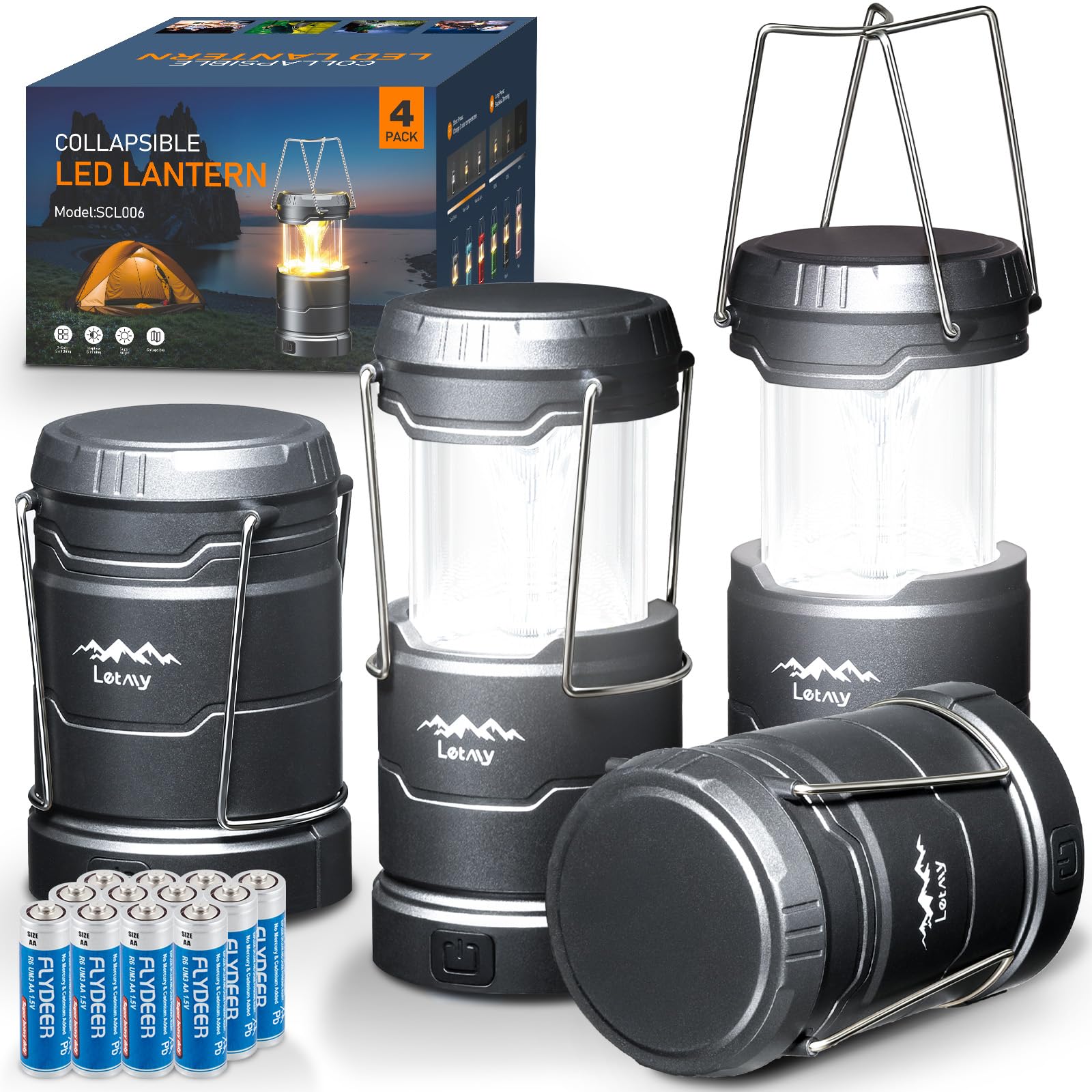 LETMY LED Camping Lantern for Power Outages, 3 Color Modes & Dimmable Battery Powered Lantern, IPX4 Waterproof & Collapsible, La