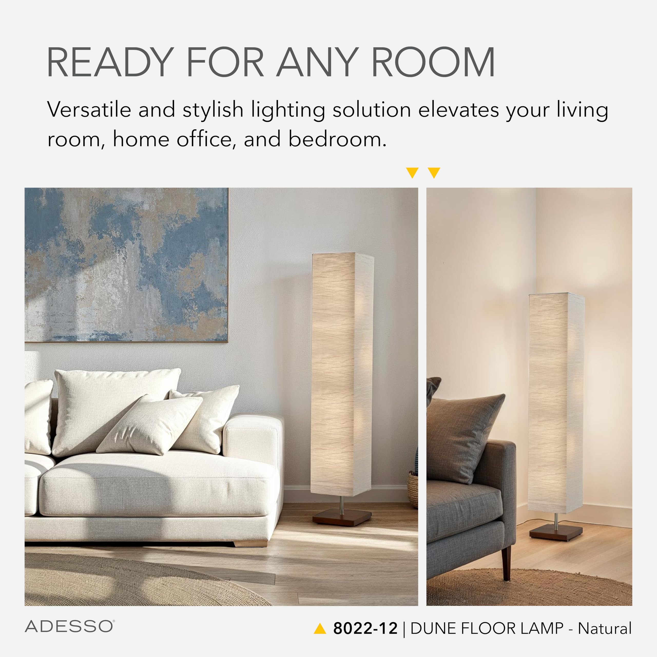 Adesso Three Light Floor Lamp, Adjustable Brightness, Natural Wood Base, 10" D x 10" W x 58" H, Beige, Model 8022-12