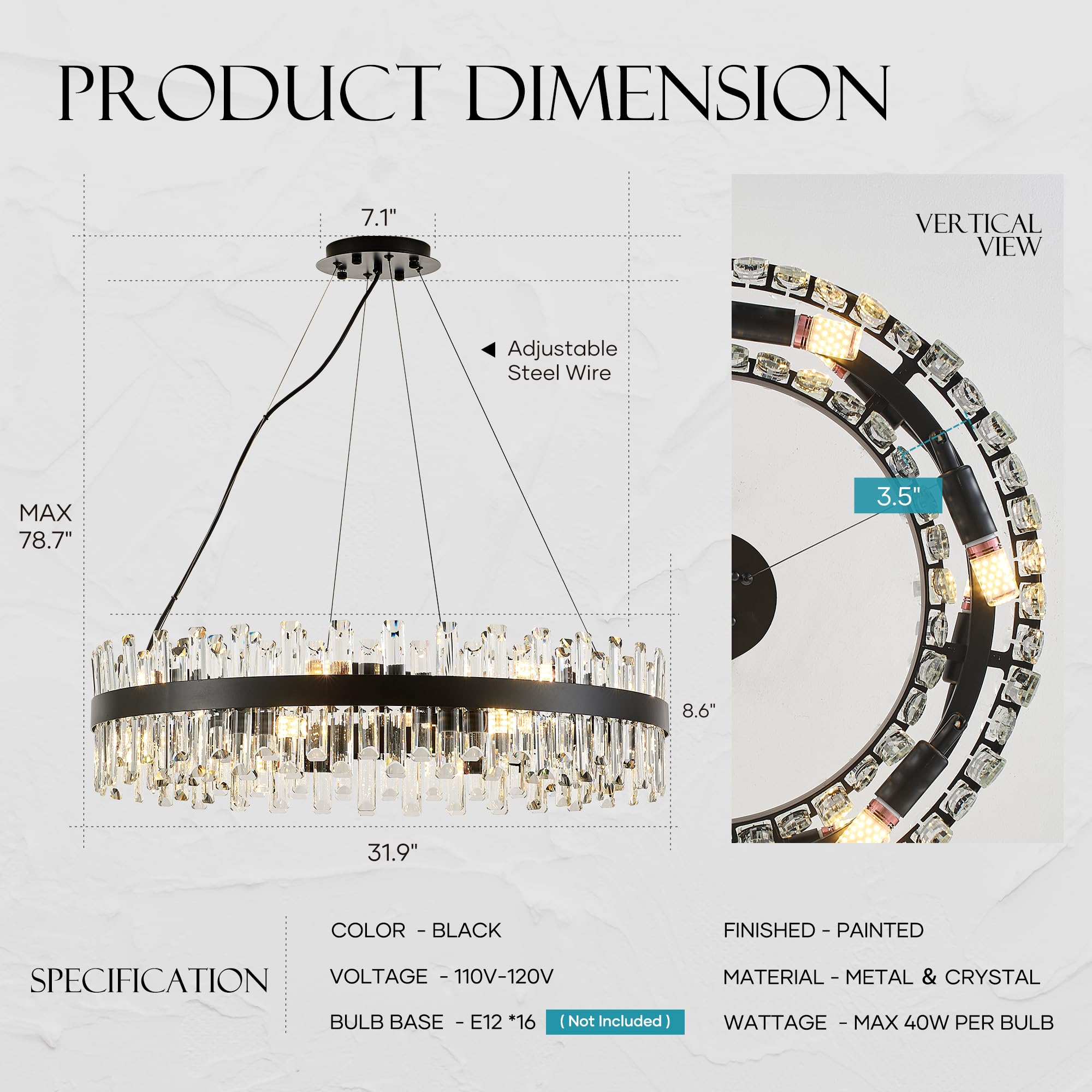 lighceac 31.9" Black Crystal Chandelier Light Fixtures, 16-Light Modern Pendant for Dining Room, Kitchen, Entryway, Model LX-2409-16B