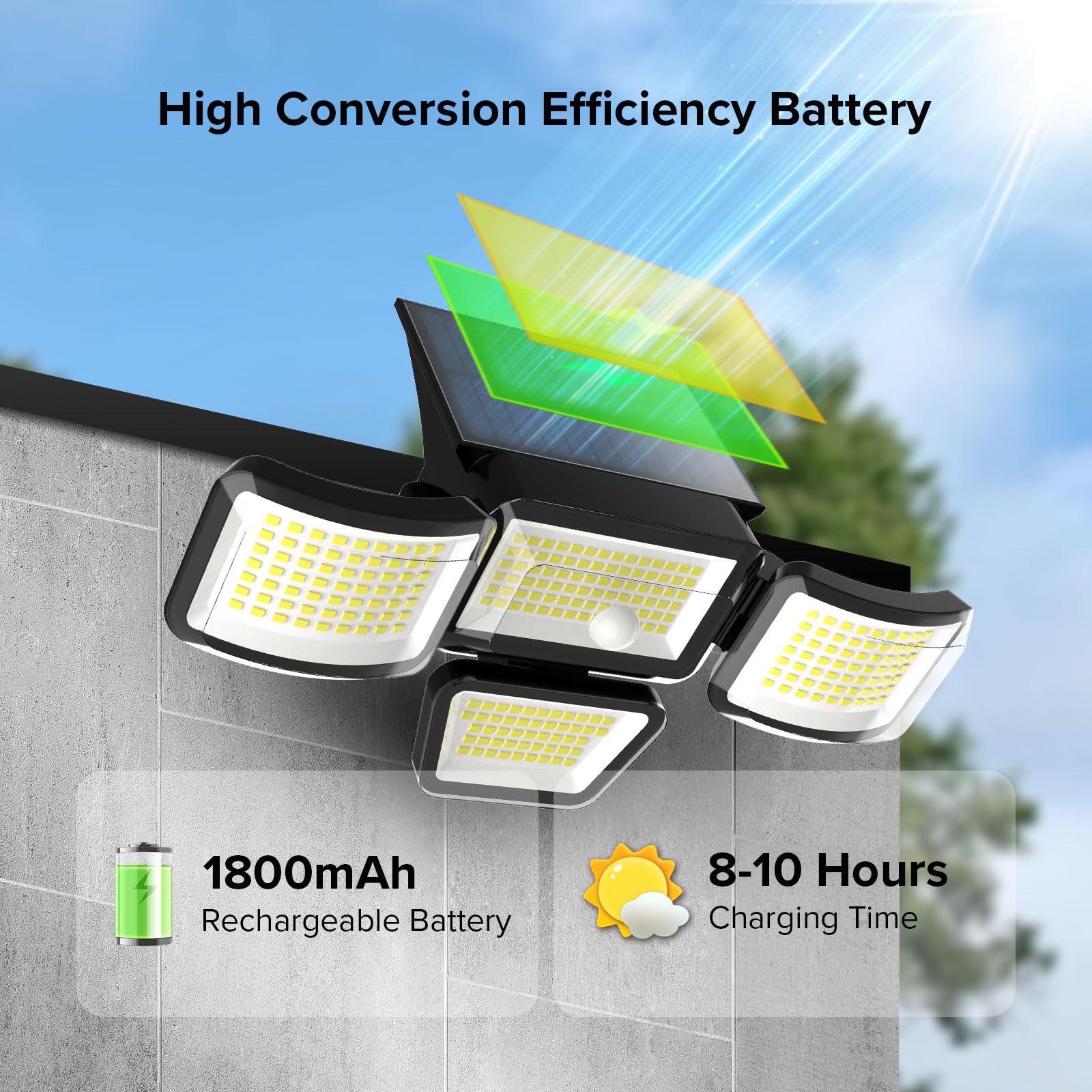 JJX Solar Outdoor Lights 3000LM 278 LED 4-Head Motion Sensor IP65 Waterproof 6500K Black