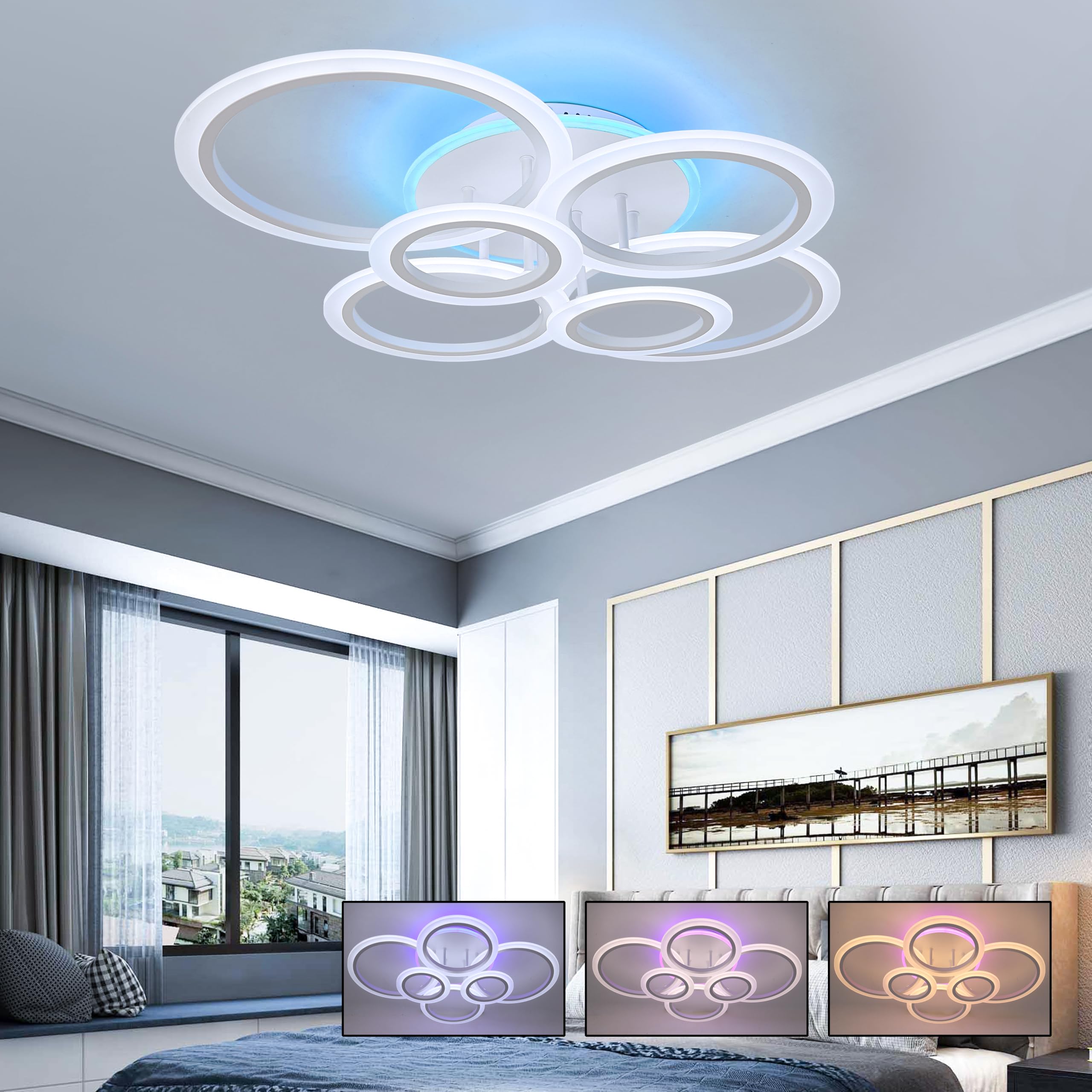 Stch Modern Led Flush Mount Ceiling Light Dimmable 80W, Ceiling Light Fixture With Remote, White 6 Rings Lighting Fixture Ceilin