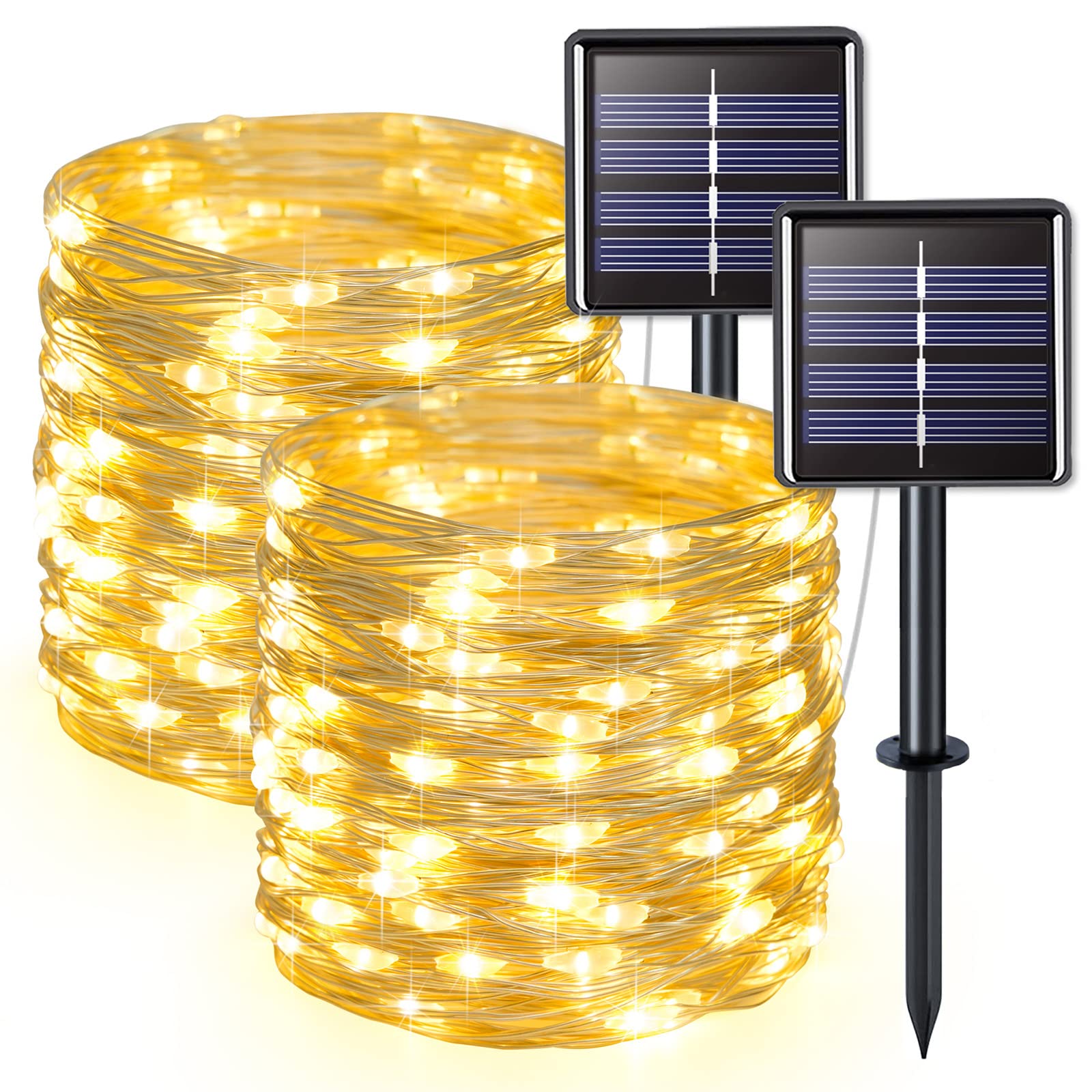 JMEXSUSS Solar Fairy Lights 33ft 100 LED Copper Wire Waterproof Warm White 2 Pack Model 007-S