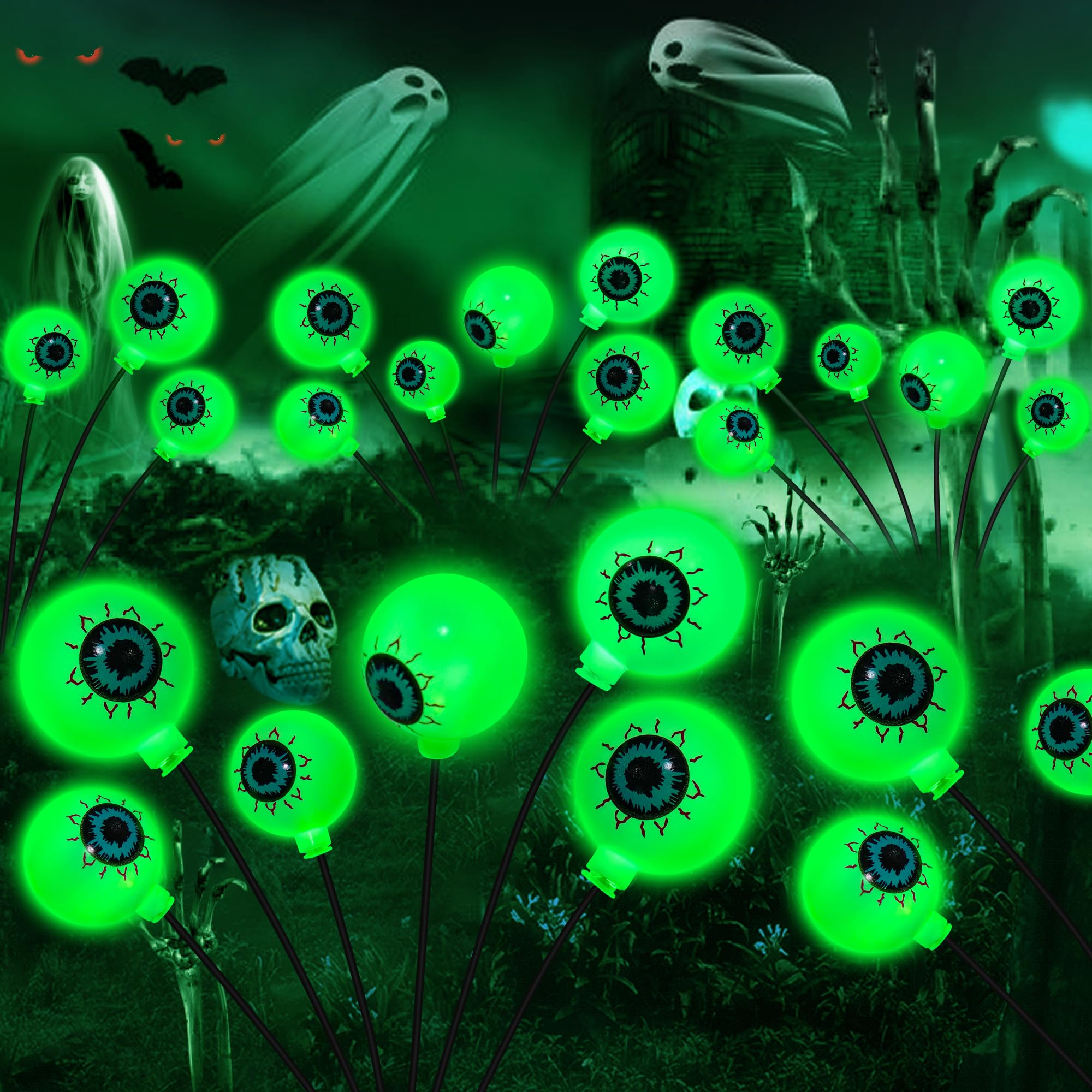 ZFNN Solar Eyeball Lights, 4 Pack 24 LED, Waterproof Outdoor Green Firefly Lights for Halloween Garden Patio Pathway