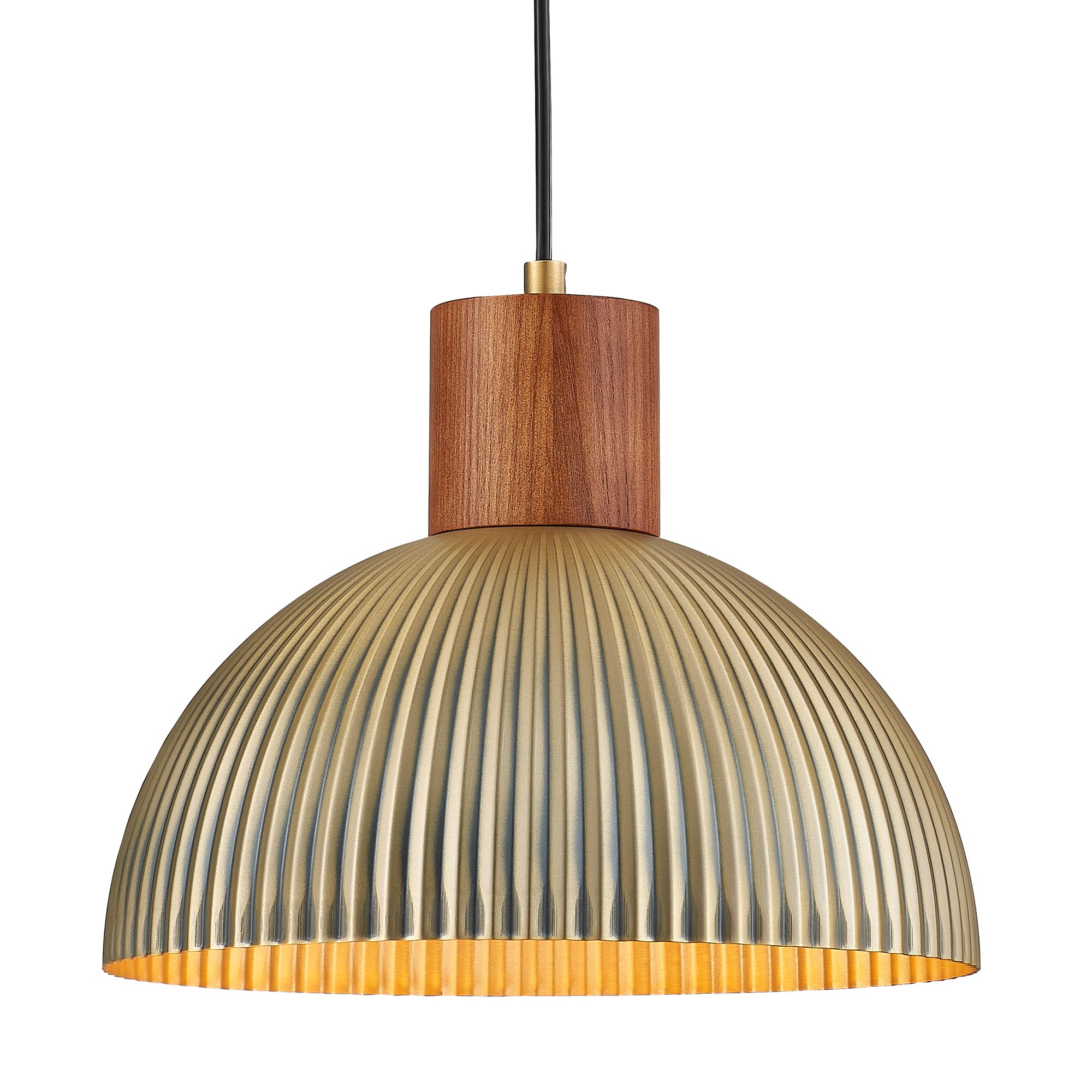ELYONA Vintage Ash Wood Dome Pendant Light 12'' Hanging Lamp with Brushed Brass Metal Shade & Gold Inner Finish, Modern Pendant 