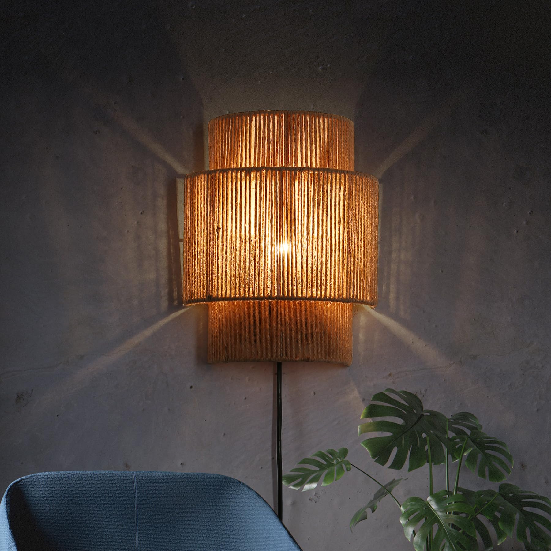 ATALUZ Rattan Farmhouse Plug in Wall sconces for Bedroom, Vintage Fabric Ambient Wall lamp