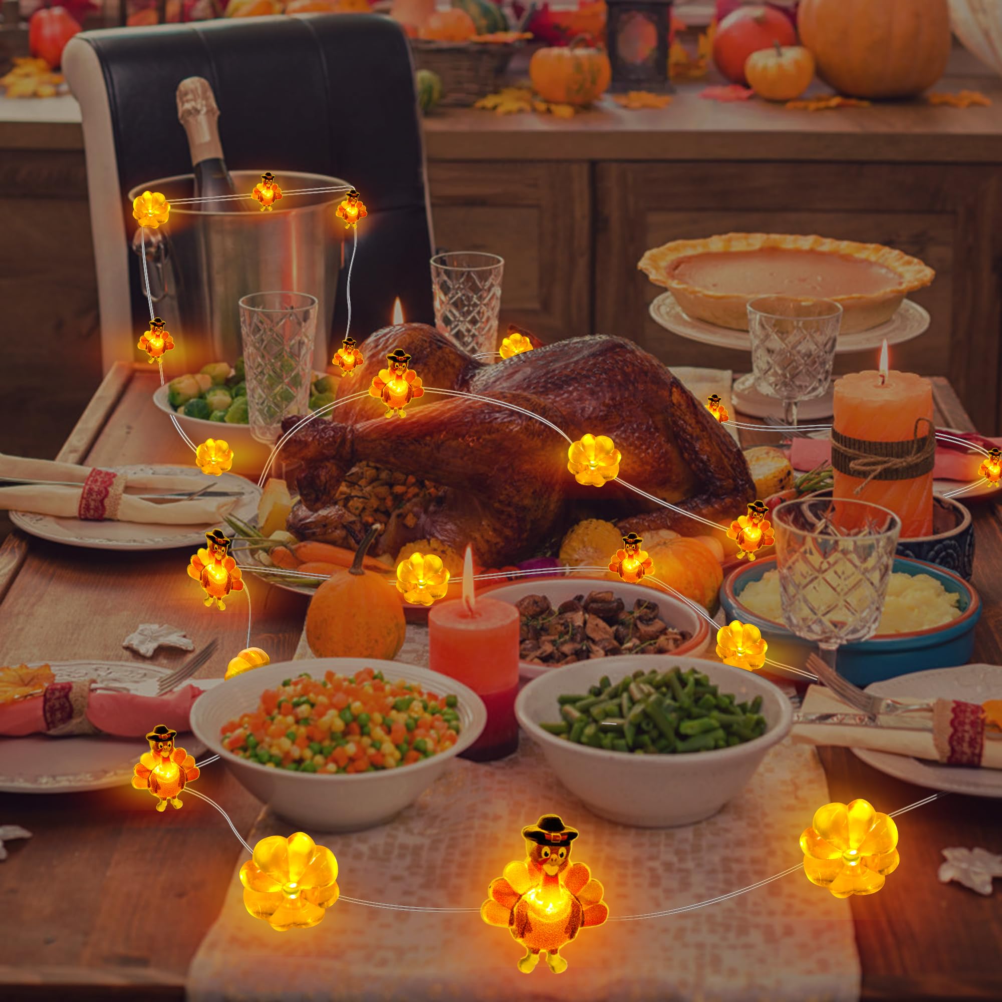 Grastfu Thanksgiving String Lights, 10 Ft 30 LED, Battery Operated, Copper Wire, Brown & Yellow, Model THX-GE-3