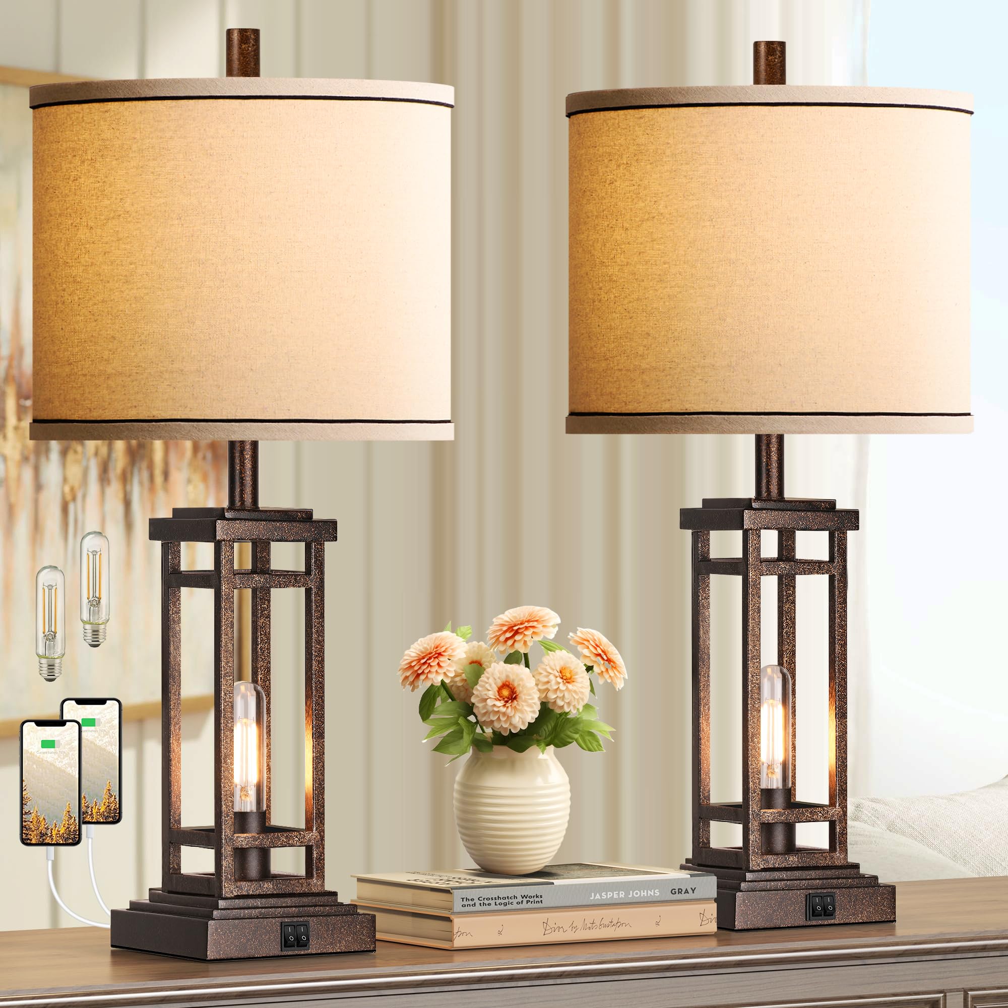 ROTTOGOON Table Lamps Set of 2, Rustic Metal with USB Ports, 27.5in Tall, Bronze, Industrial Design for Living Room and Bedroom
