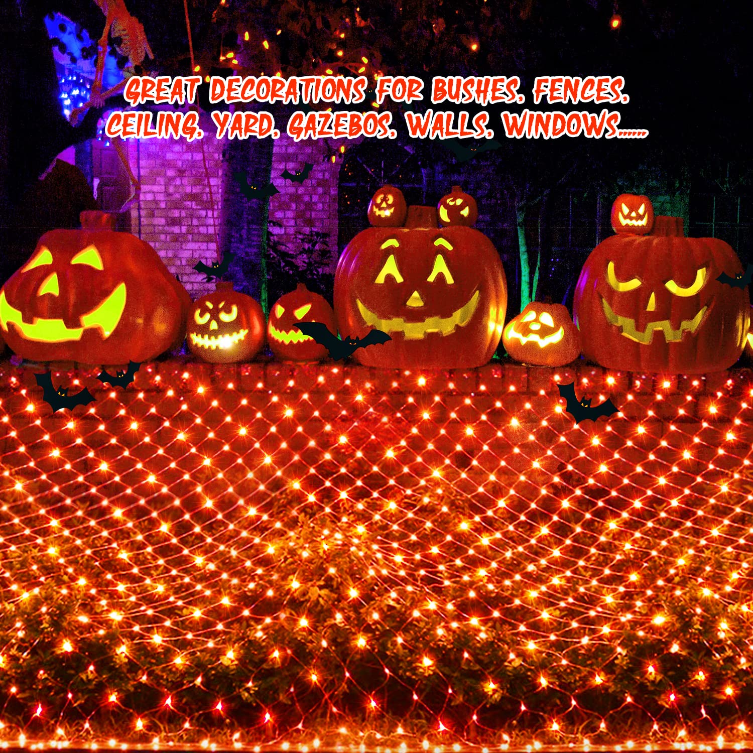 JMEXSUSS Orange Halloween Net Lights, 360 LED, 12ft x 5ft, 8 Modes, Waterproof, Remote Connectable, Model EXS-N-0360-R