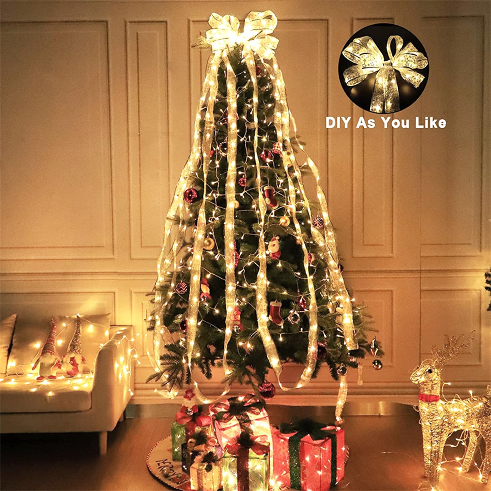 Zjhgdr Christmas Ribbon Fairy Lights  Copper Wire White String Lights Glitter Gold Ribbon Lights 2.5Inch X16.4Ft 50 Leds Battery Operated Fairy String Lights For Xmas Tree Indoor Decorations
