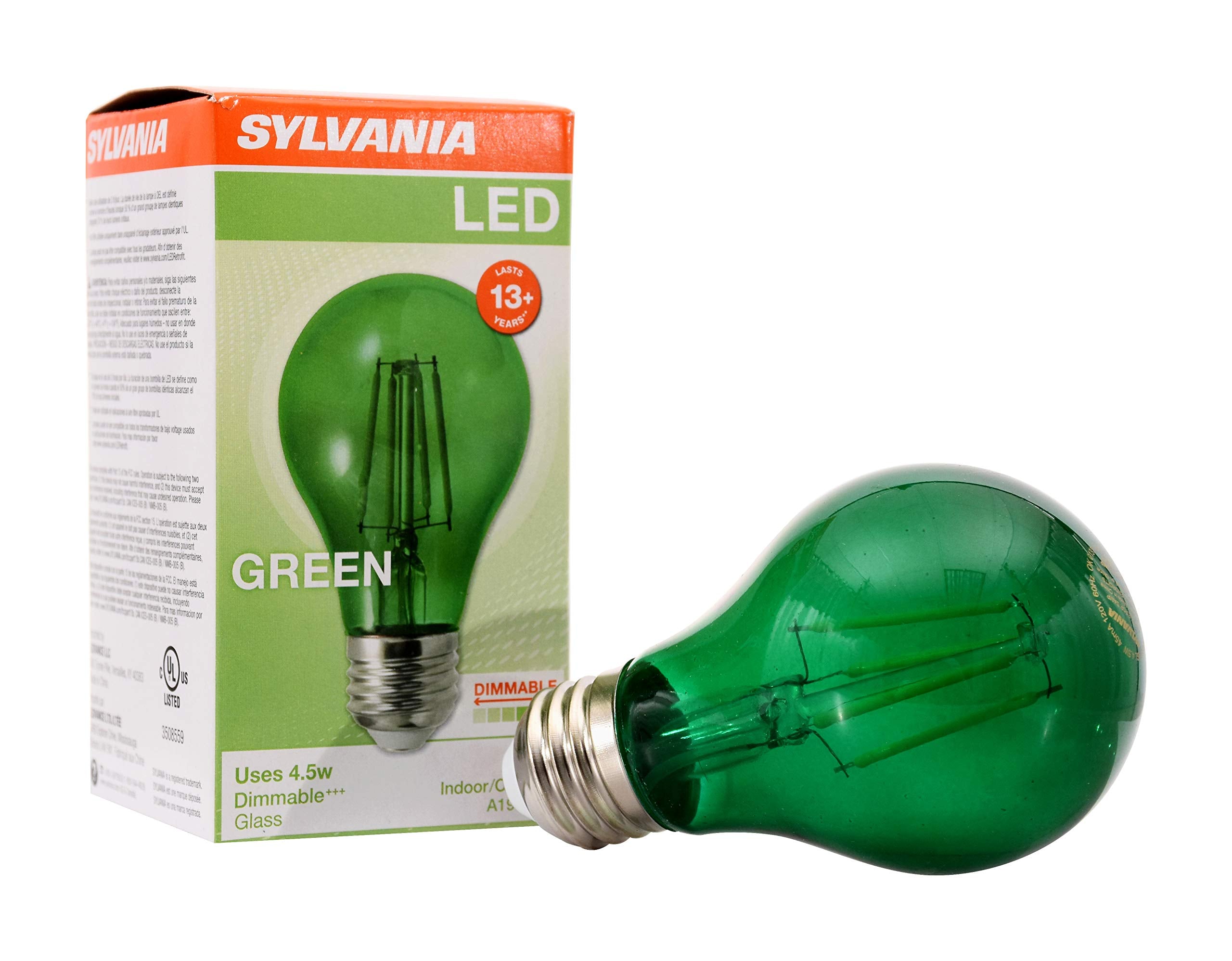 Sylvania Led Green Glass Filament A19 Light Bulb, Efficient 4.5W, 40W Equivalent, Dimmable, E26 Medium Base - 1 Pack (40303)