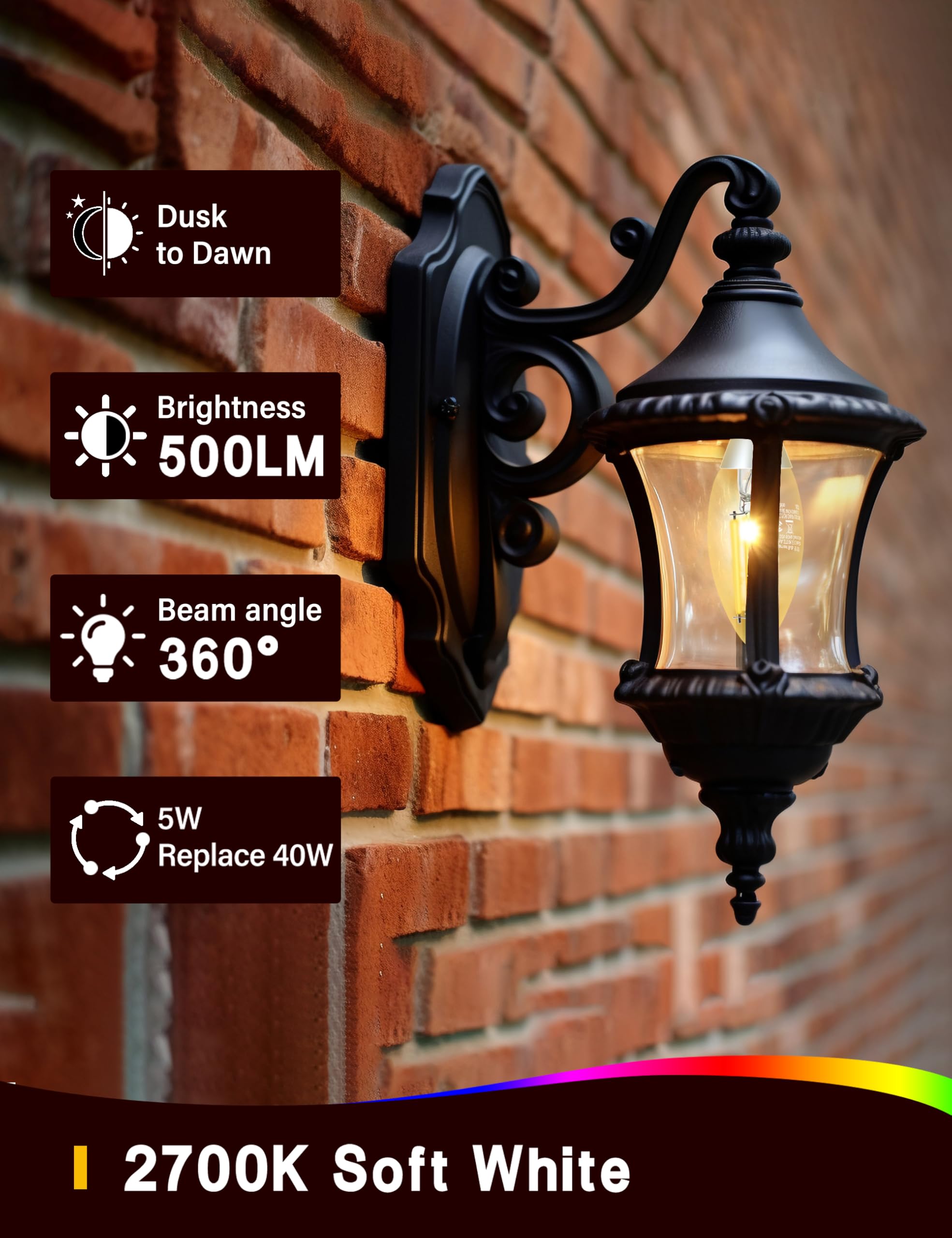 UNILAMP Dusk to Dawn Outdoor Candelabra Light Bulbs, 5W Equivalent 40W, 2700K Soft White, E12 Base, 500LM, 6 Pack