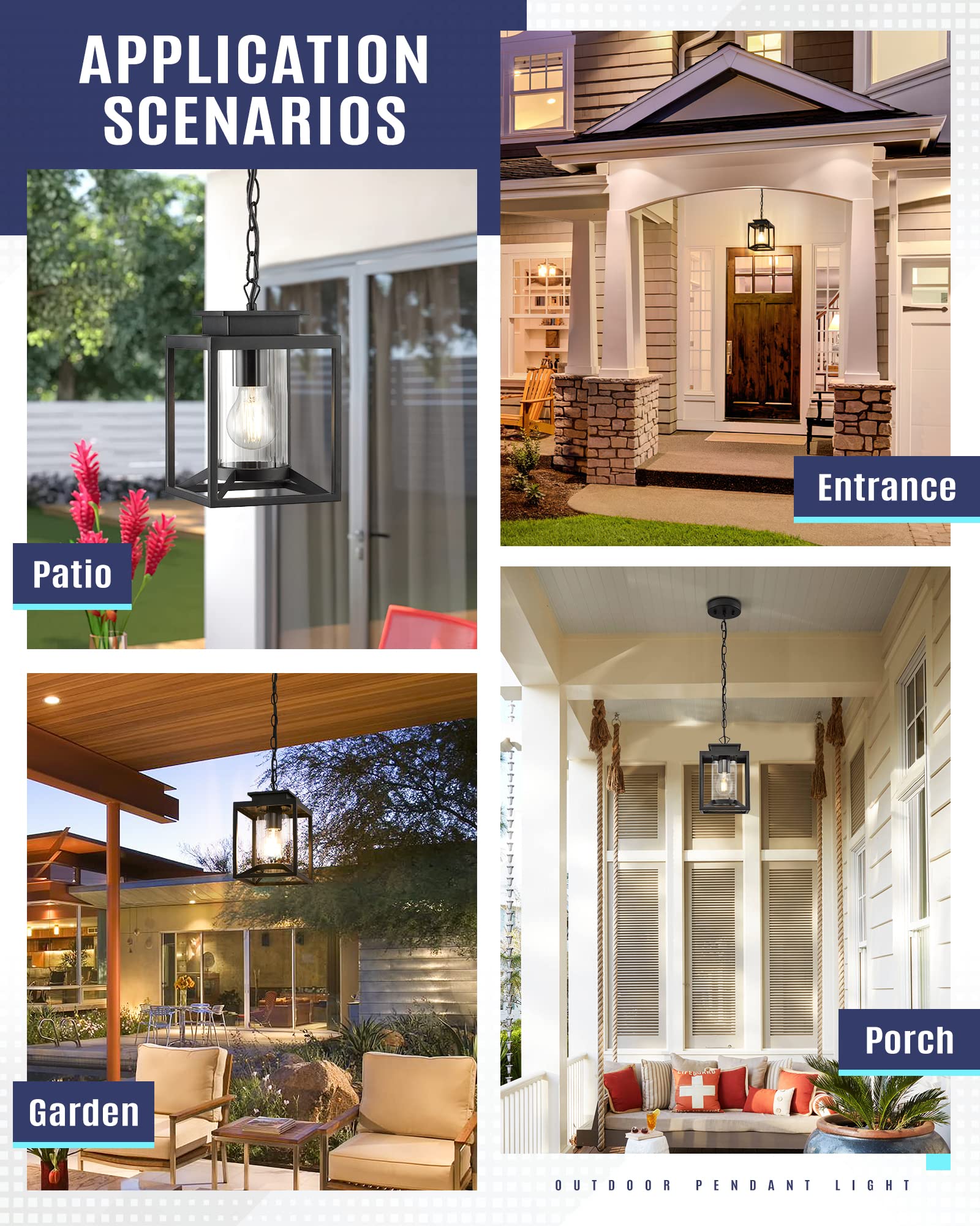 Osimir 1-Light Outdoor Pendant Light, Adjustable Chain, Black Metal With Clear Glass Lantern