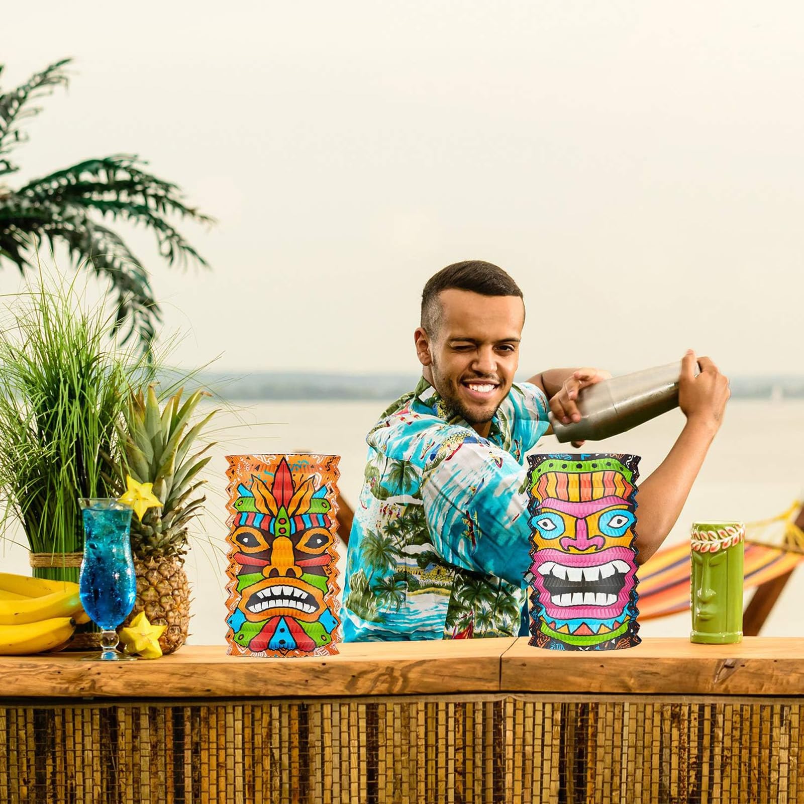 Mudder Tiki Lanterns - 10 Inch Paper Decorations for Hawaii Luau Party - Tropical Hanging Supplies