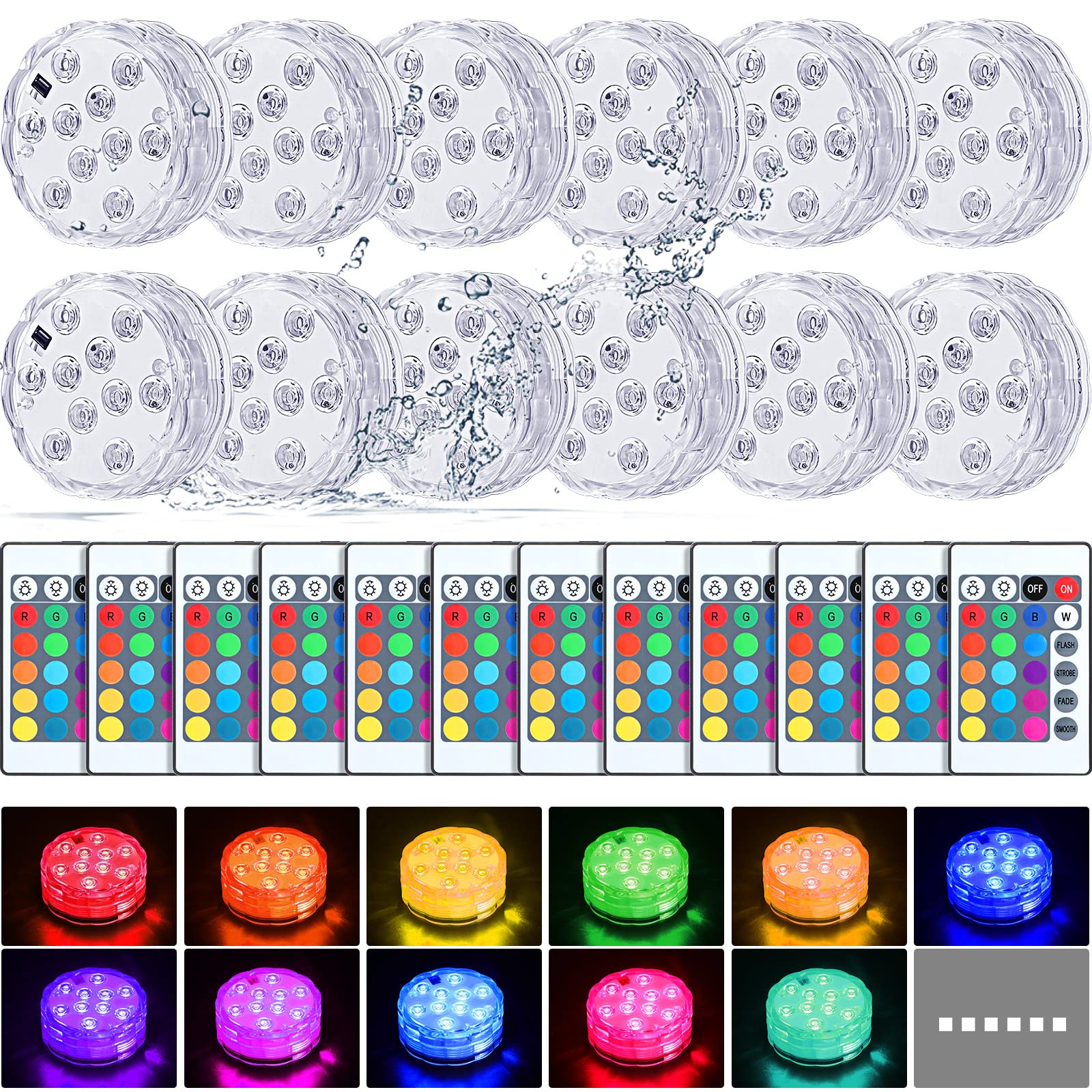 Mudder 12 Pack Submersible LED Lights, Remote Waterproof Bathtub Lamp, 16 Color Changing, for Pool, Pond, Aquarium, Model CL-Mudder-425602, Multicolor