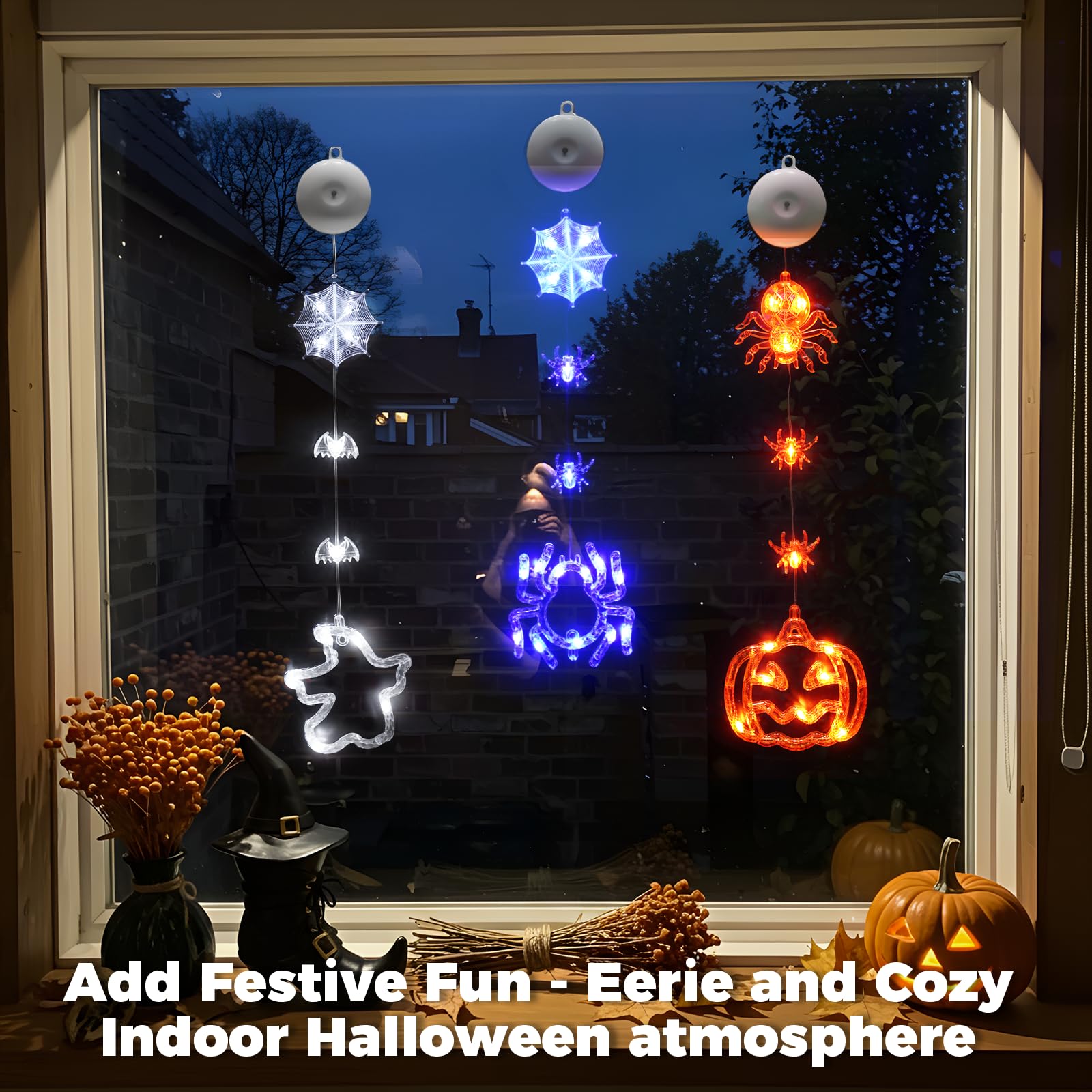 suddus Halloween Window Lights - 3 Pack Battery Operated with Timer - Orange Pumpkin, Purple Spider & White Ghost Decorations