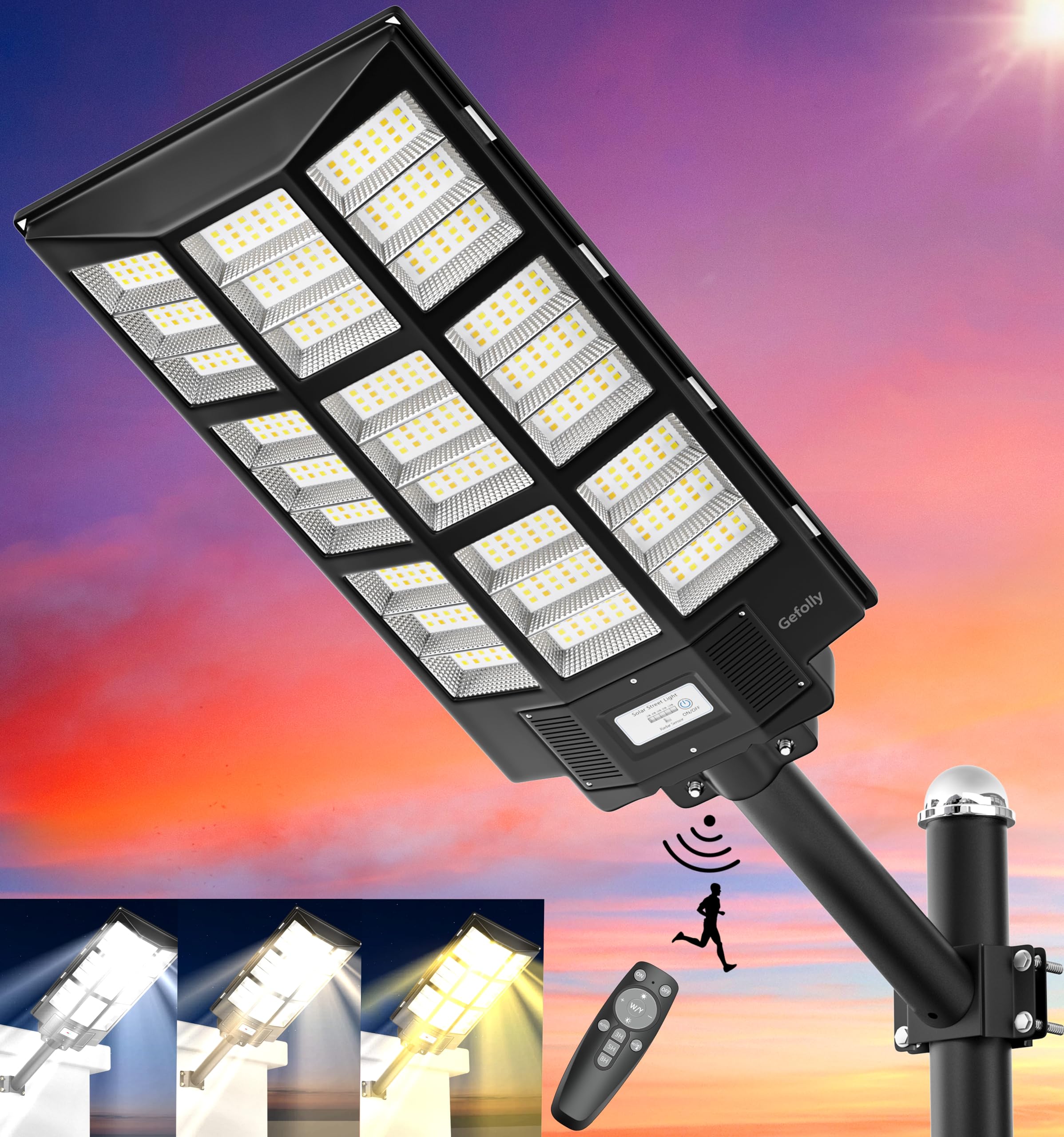 Gefolly 3500W Solar Street Light Outdoor, Wide Angle 320000Lm 3000K/4000K/6500K Commercial Parking Lot Lights Dusk To Dawn, Ip67