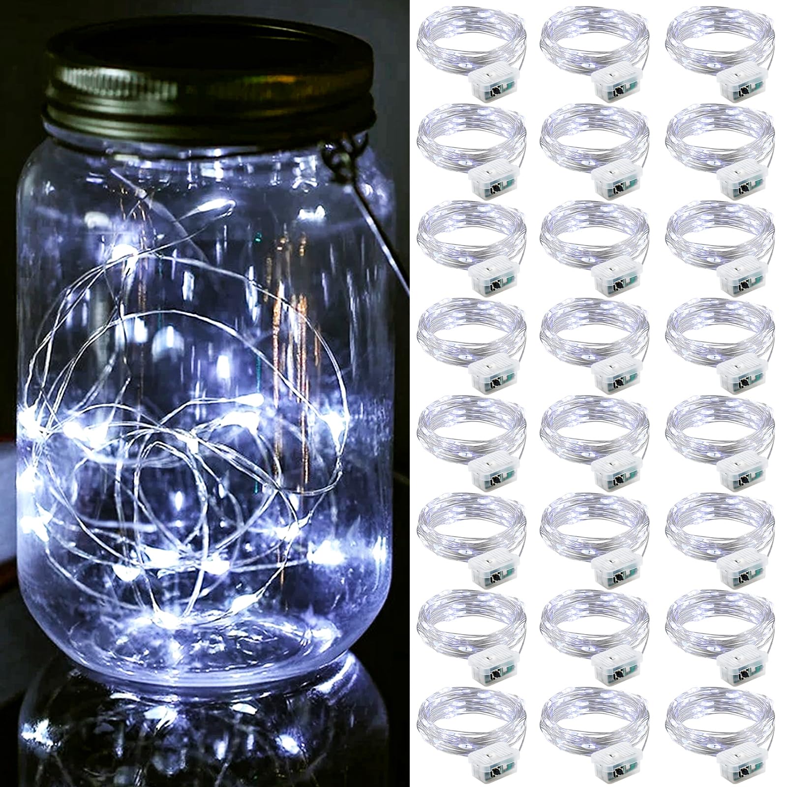 ZGWJ 24 Pack Fairy Lights Battery Operated  7FT 20LED Mini Fairy String Lights Silver Wire 3 Modes for DIY  Parties  Wedding  Bedroom  Halloween Christmas Decoration- Cold White