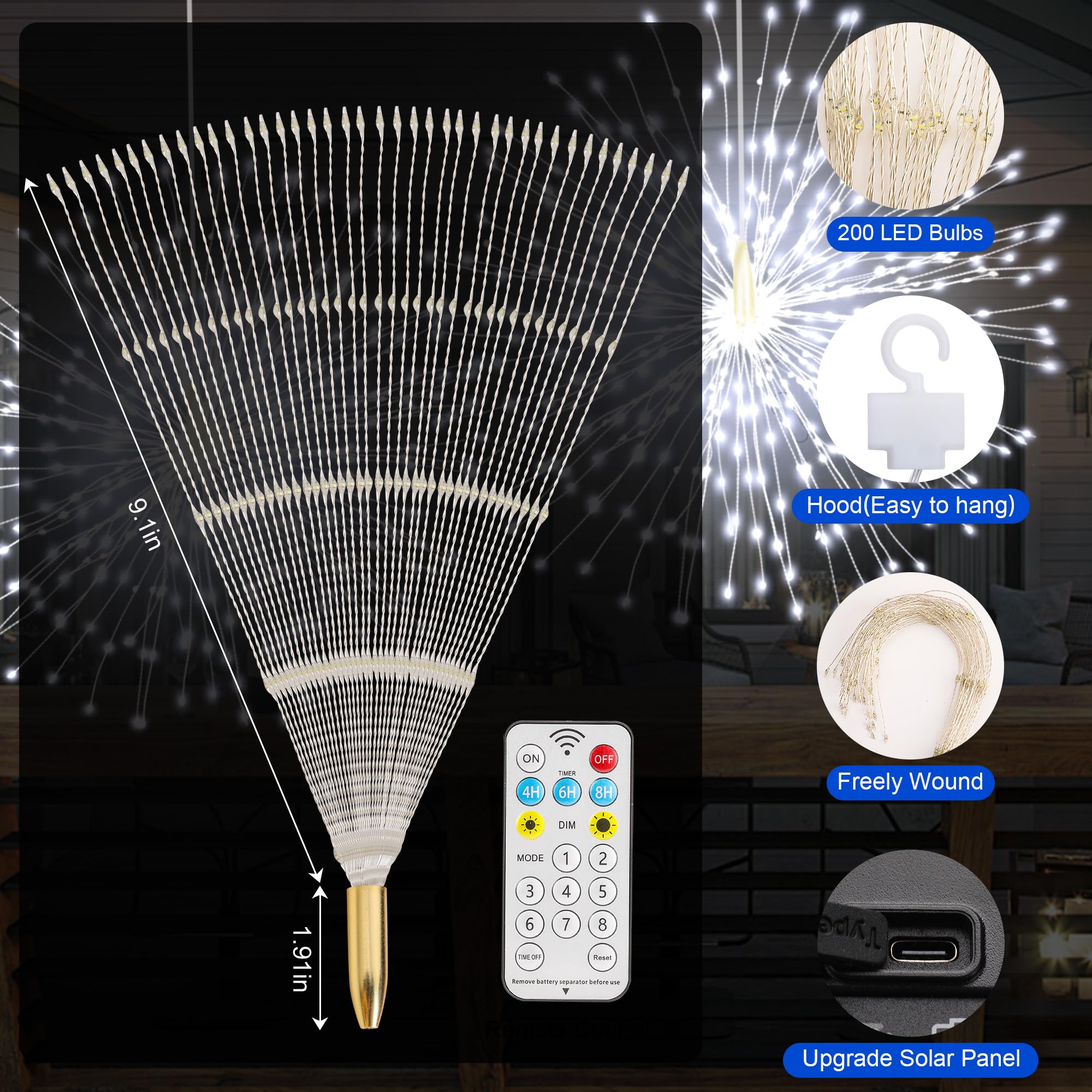 MERRIMAX Solar Starburst Lights - 1000LED Outdoor Fairy Lights, 8.2ft, Waterproof, Remote Control, Dimmable, White - Holiday Decor (Solar001)